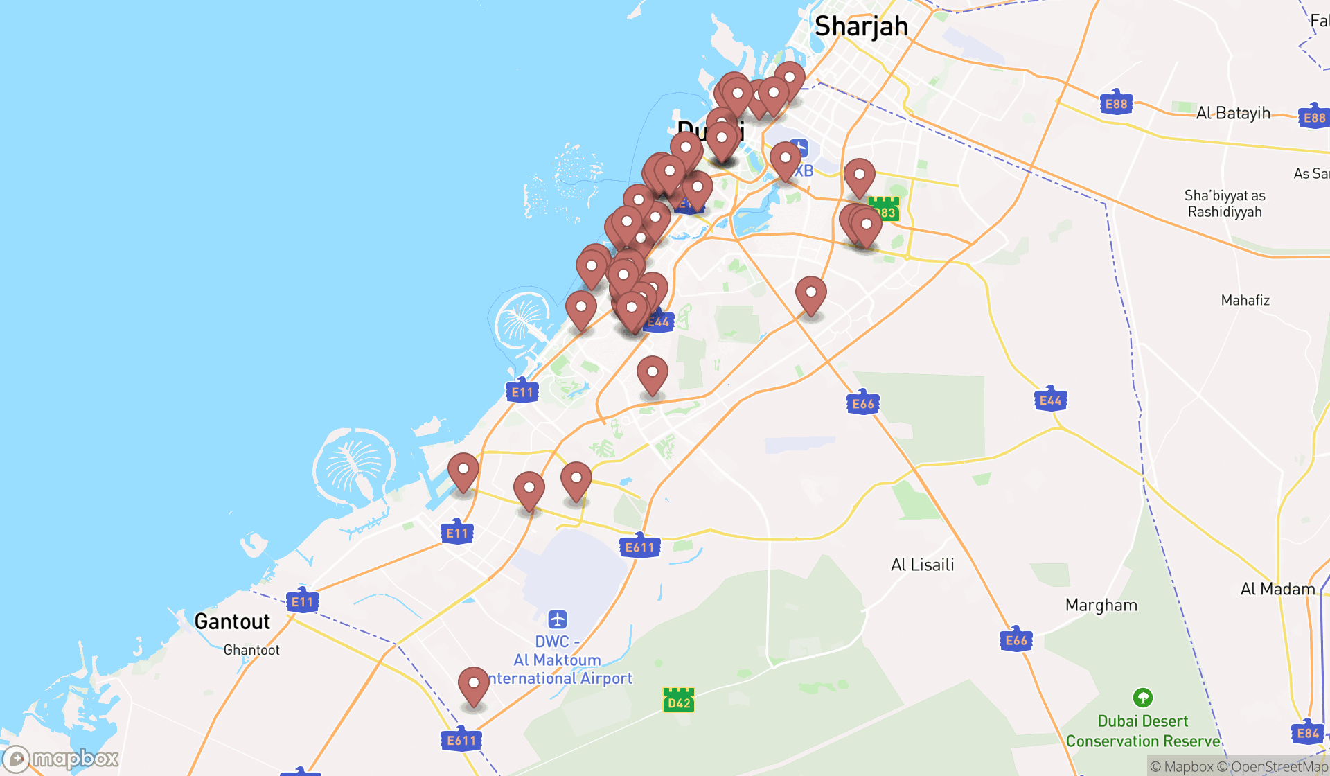 Map showing the search results in Dubai