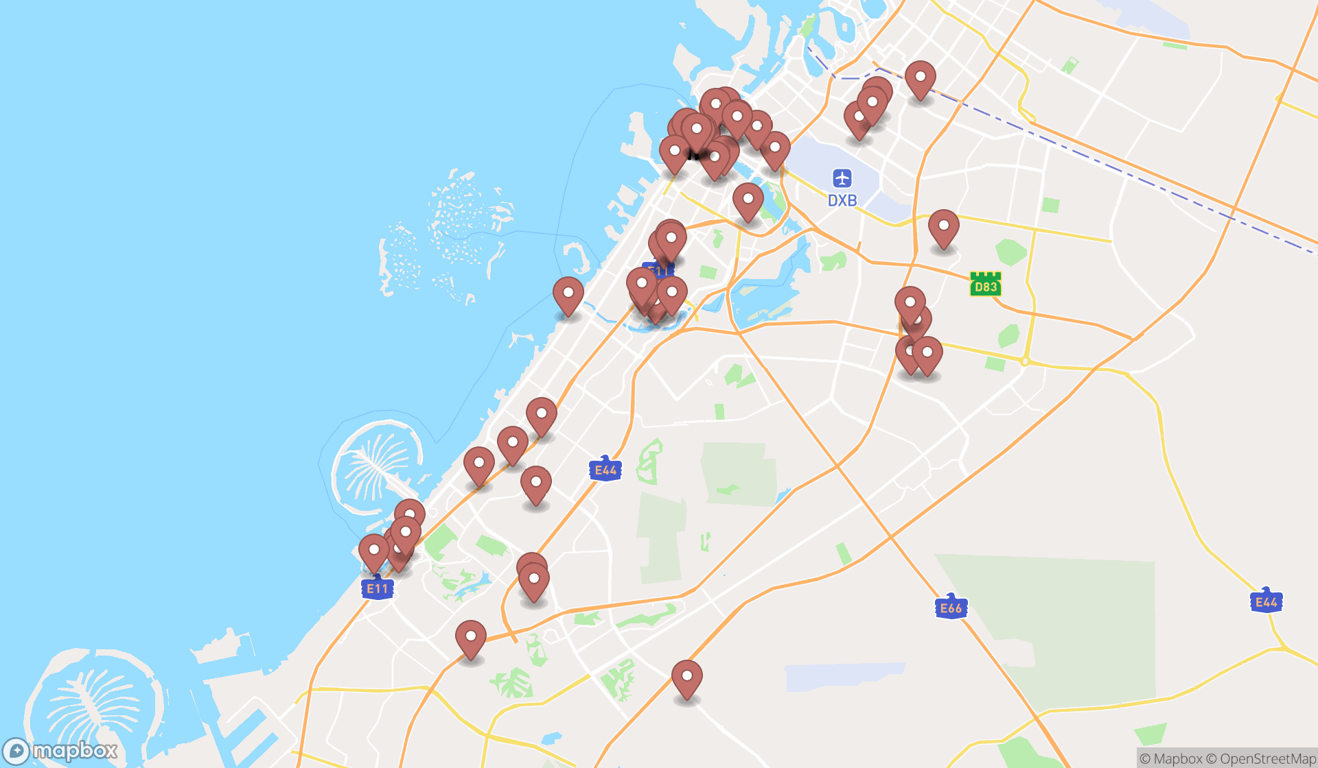 Map showing the search results in Dubai