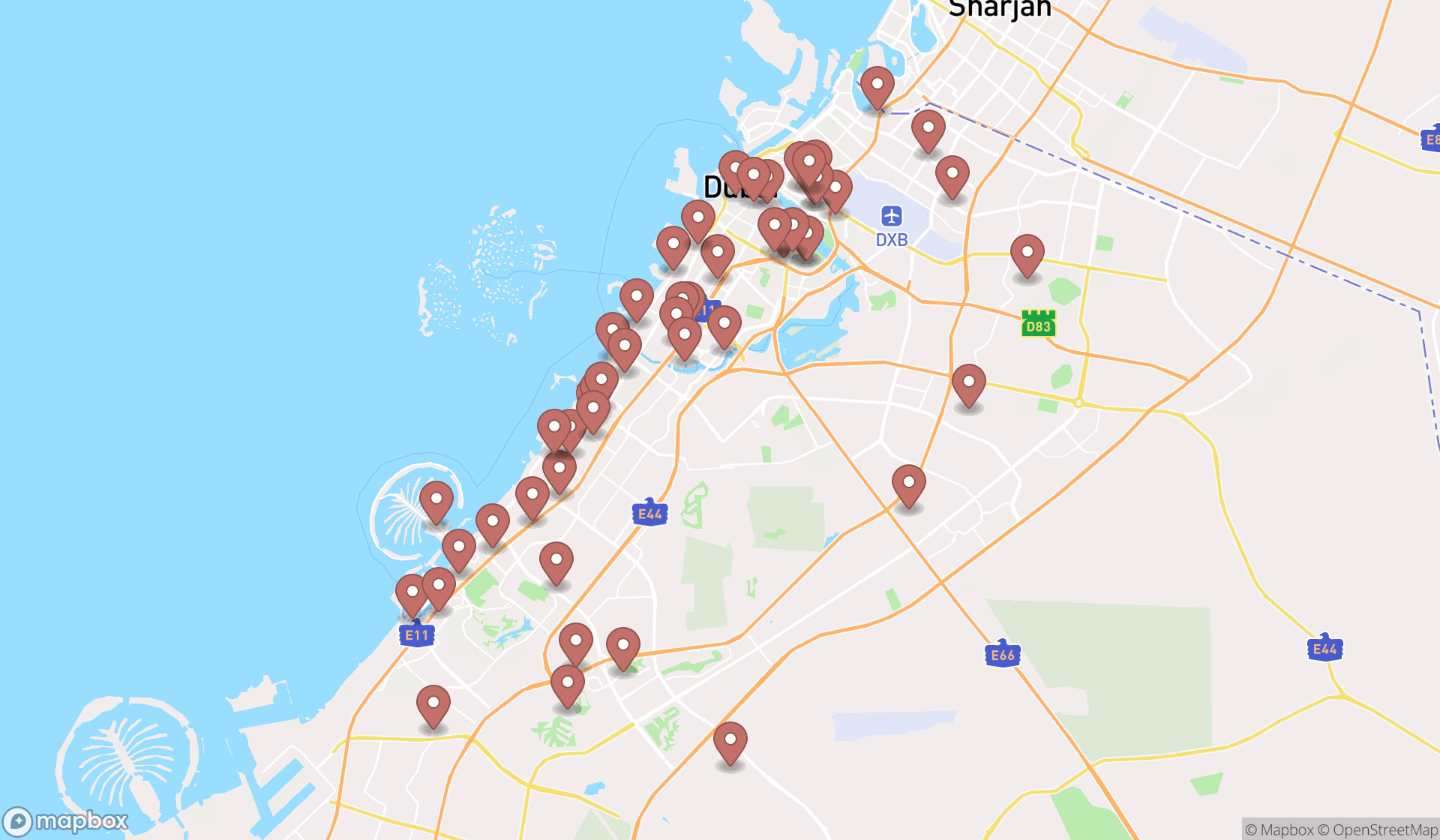 Map showing the search results in Dubai