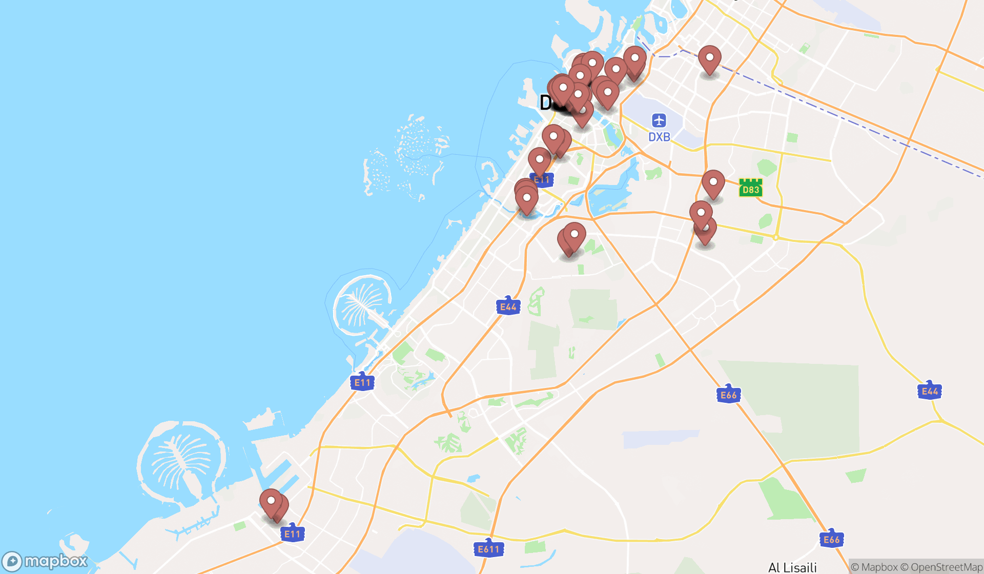 Map showing the search results in Dubai