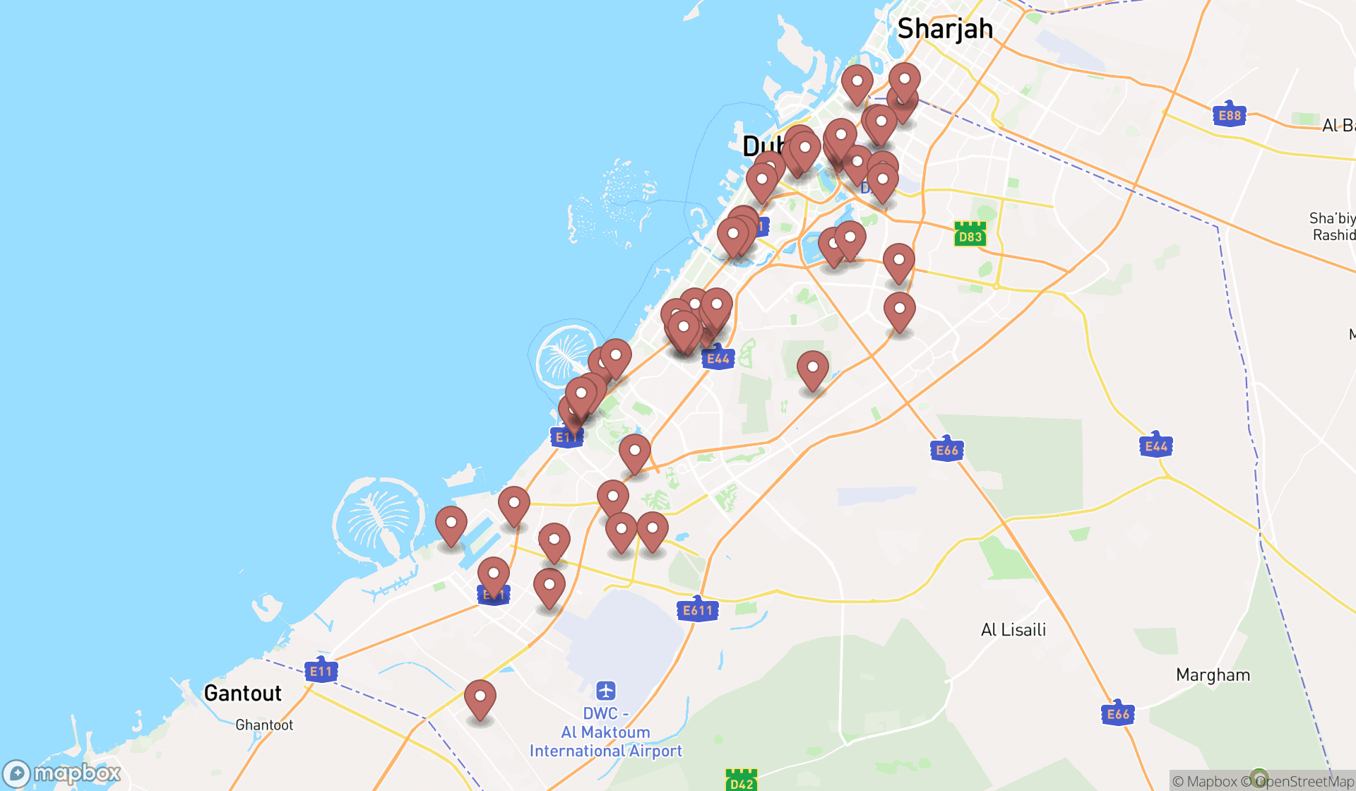 Map showing the search results in Dubai