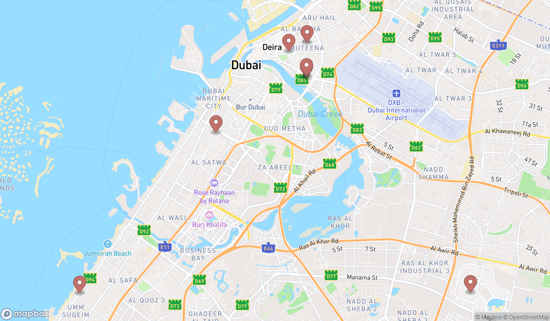 Map showing the search results in Dubai