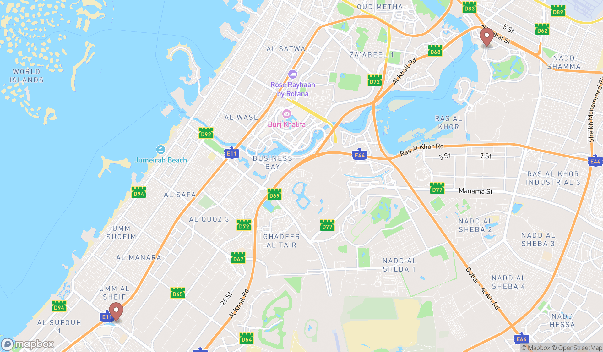 Map showing the search results in Dubai