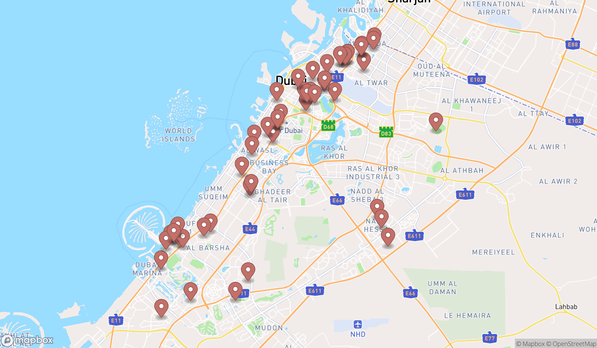Map showing the search results in Dubai