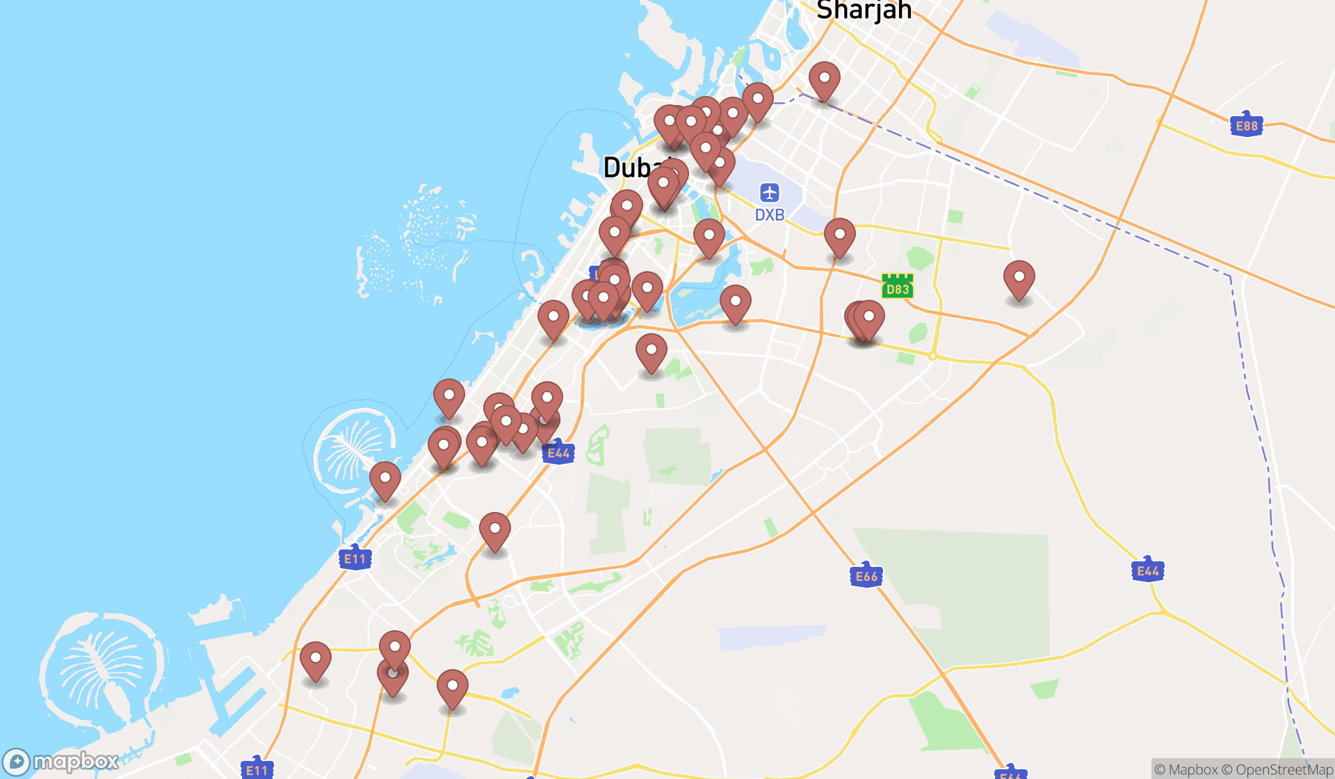 Map showing the search results in Dubai