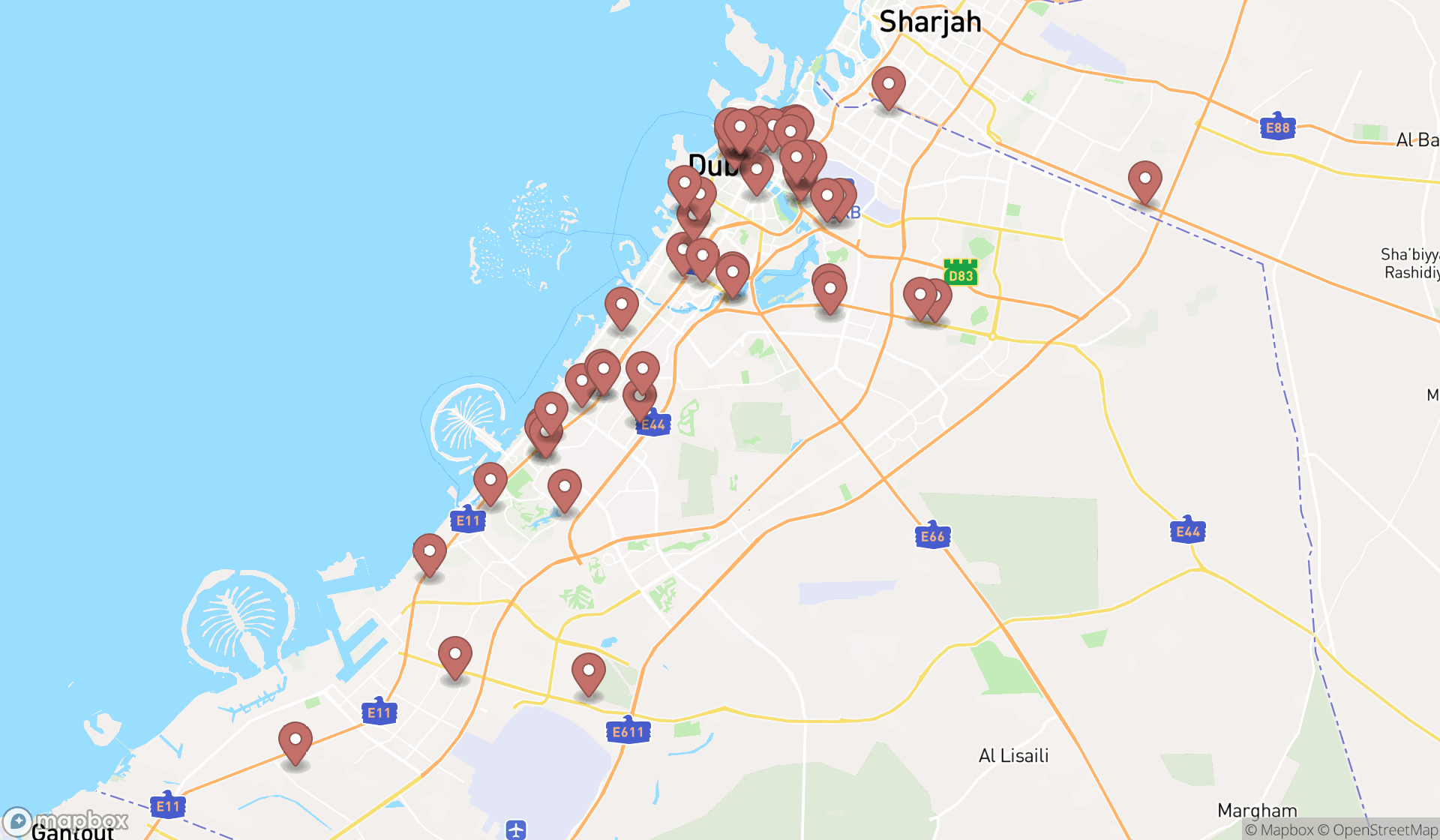 Map showing the search results in Dubai