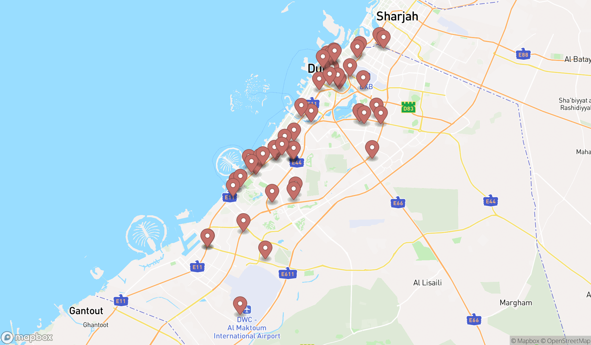 Map showing the search results in Dubai