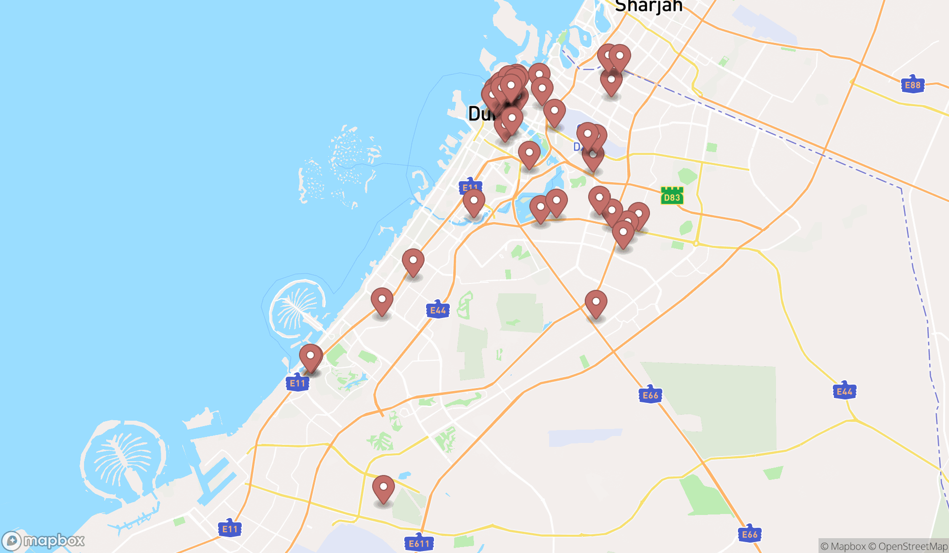 Map showing the search results in Dubai