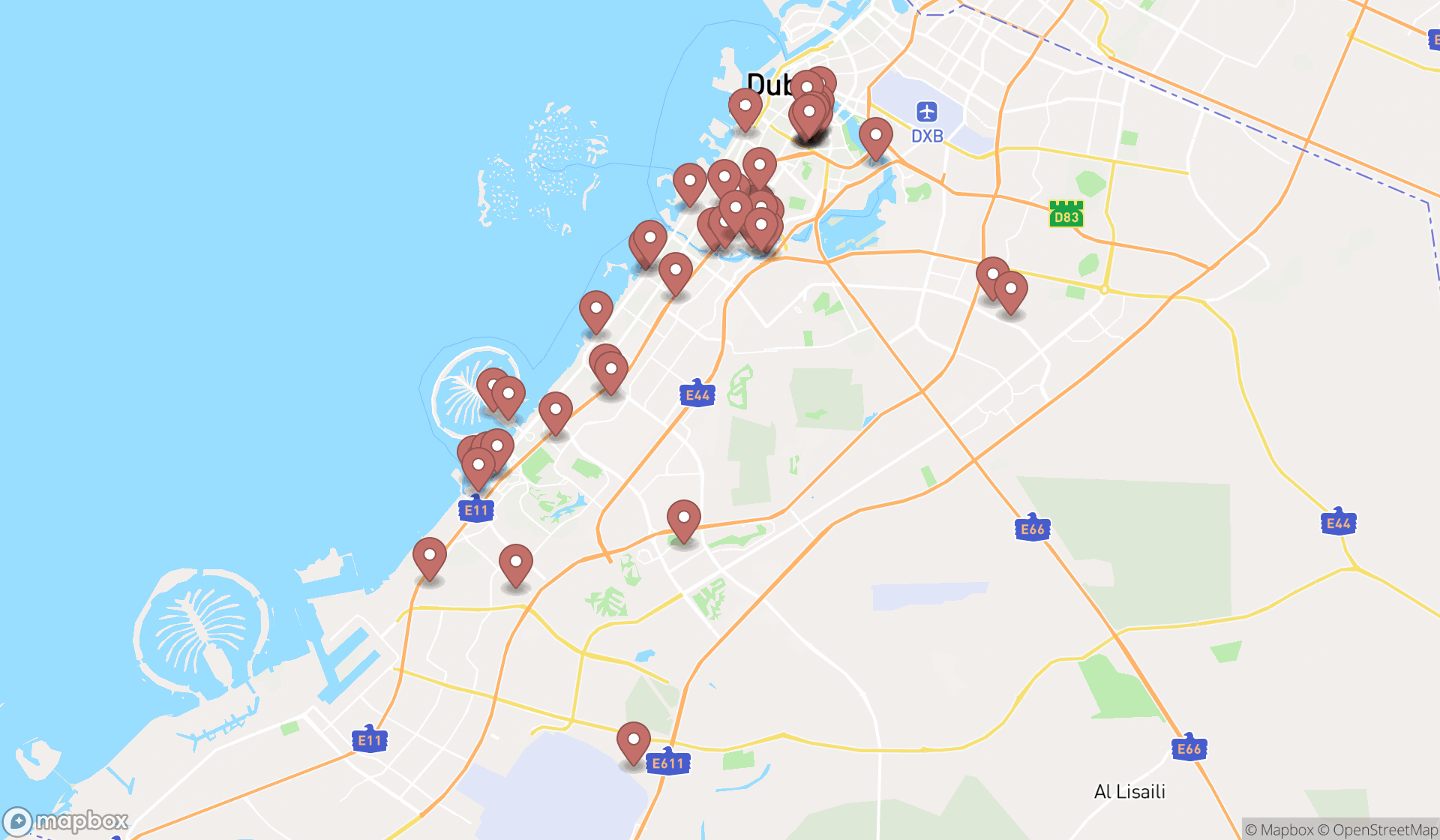Map showing the search results in Dubai