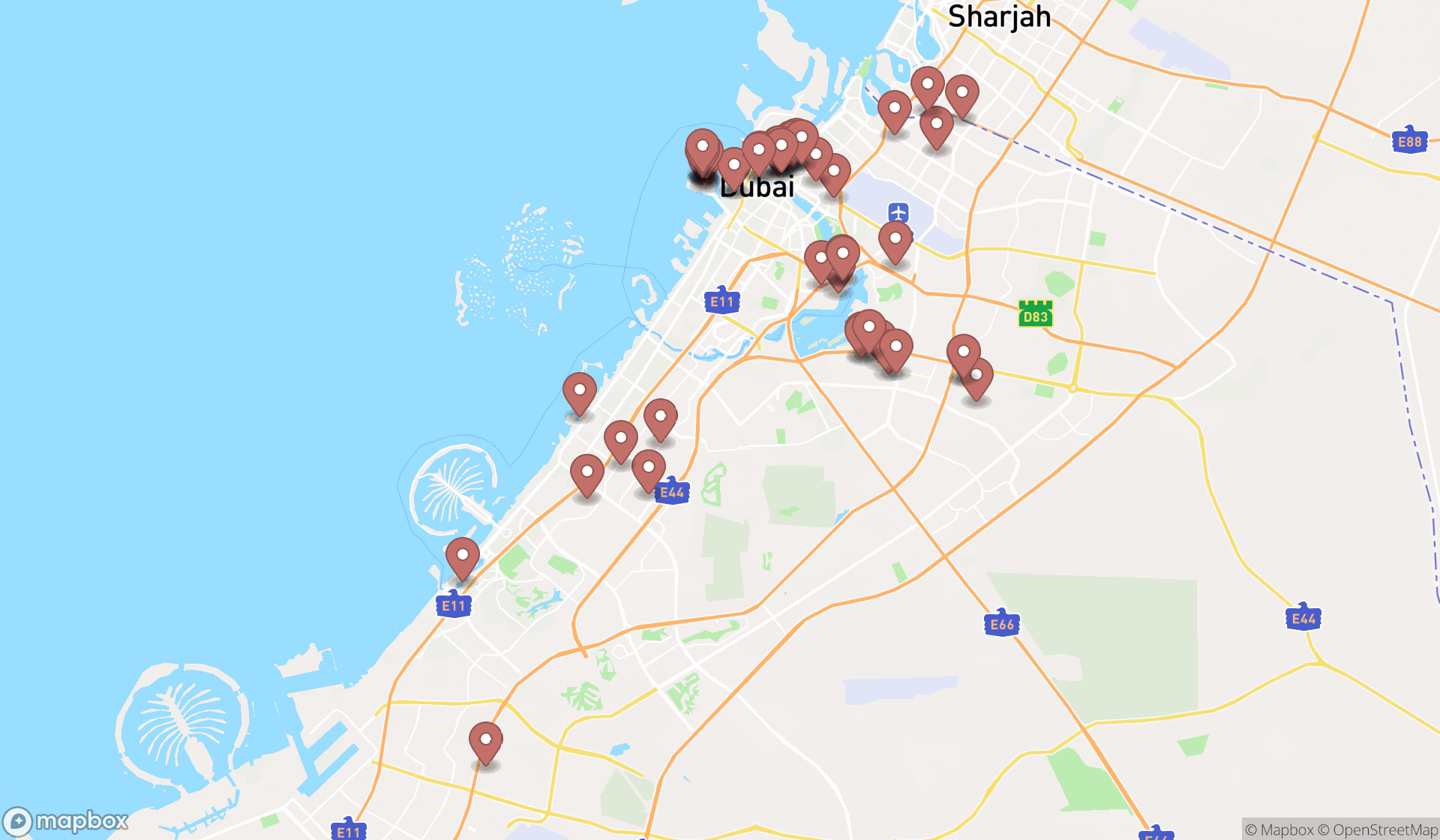 Map showing the search results in Dubai