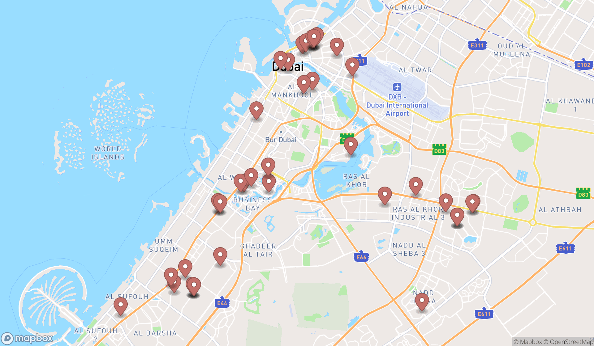 Map showing the search results in Dubai