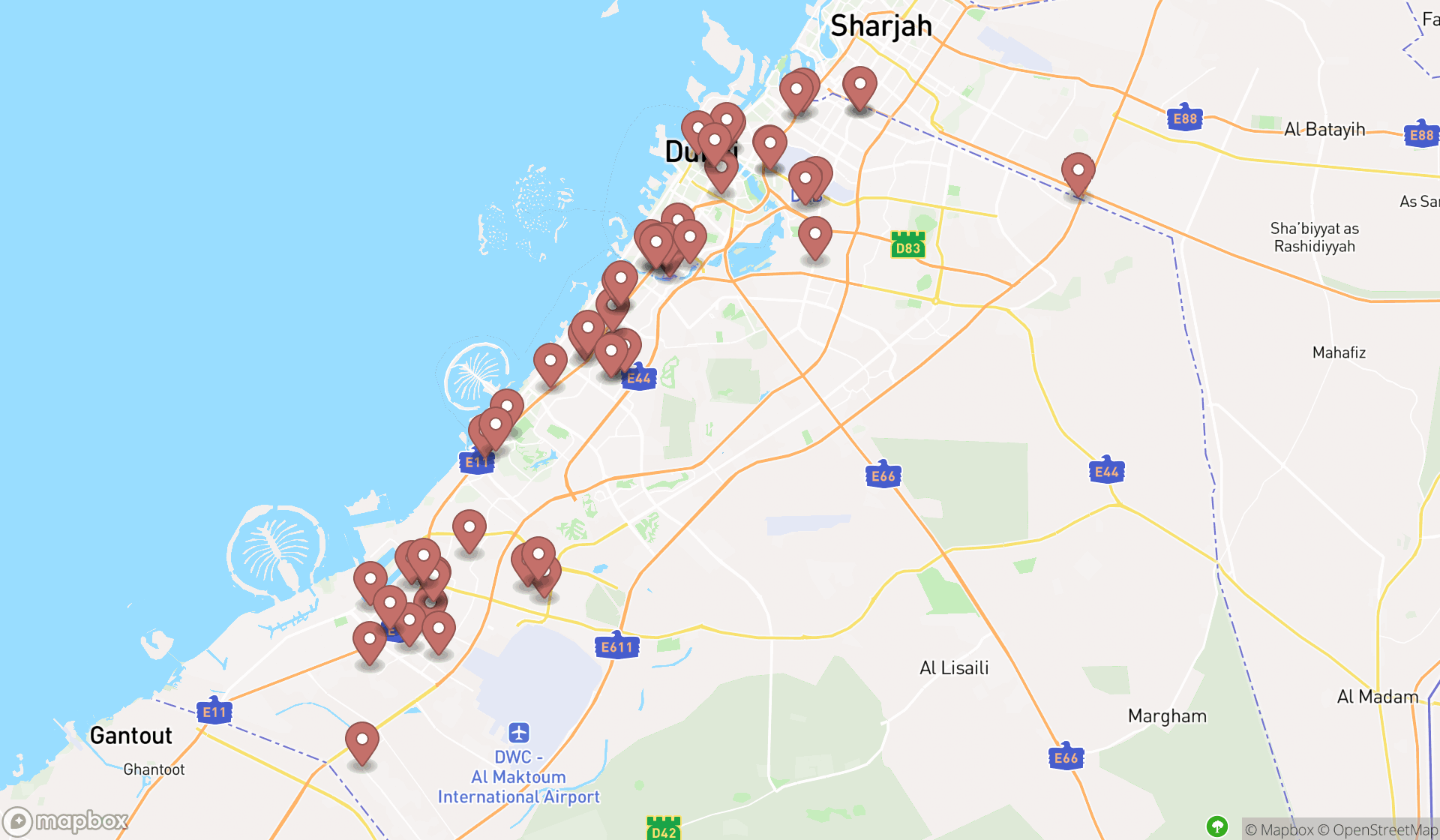 Map showing the search results in Dubai
