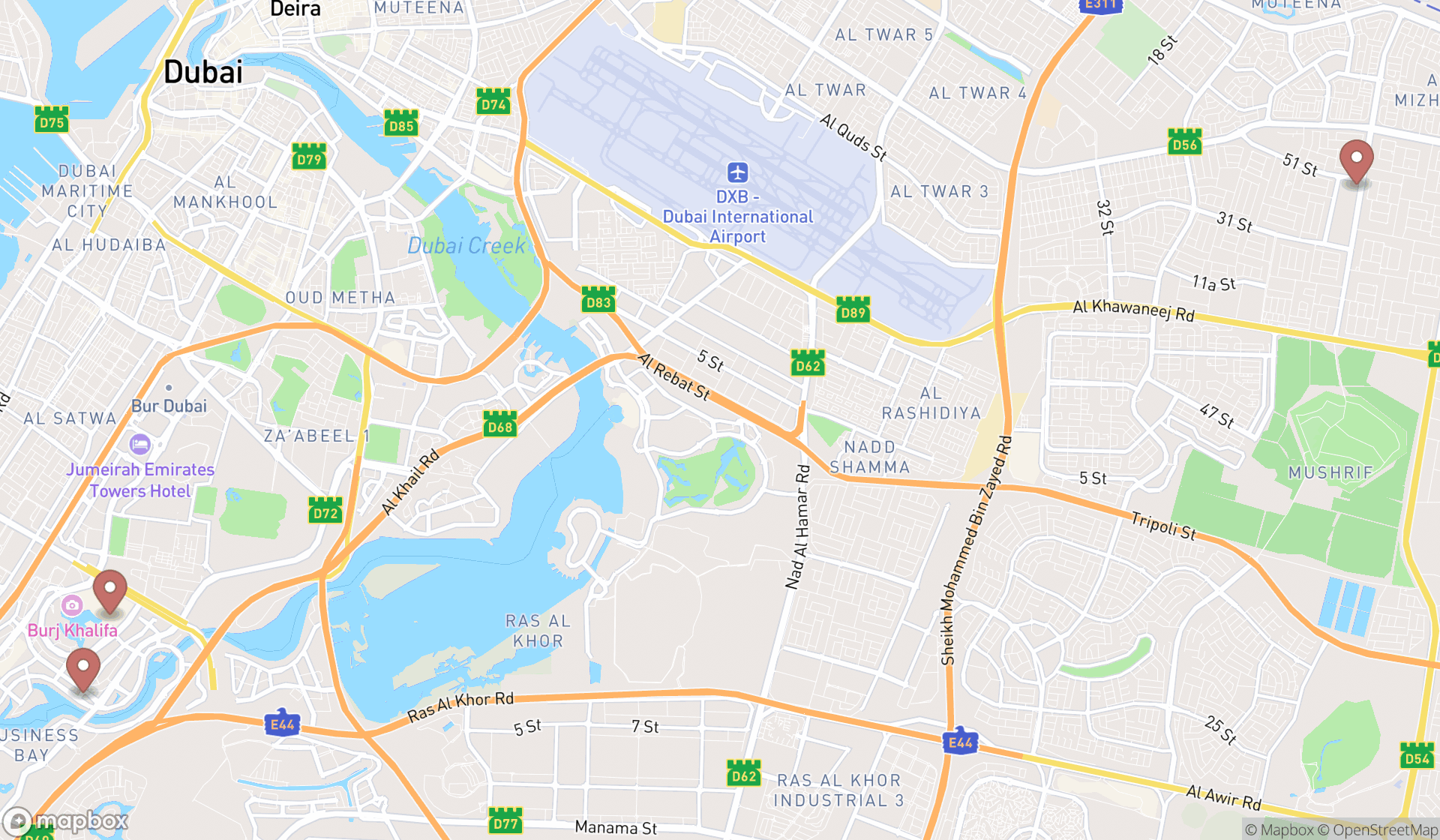 Map showing the search results in Dubai