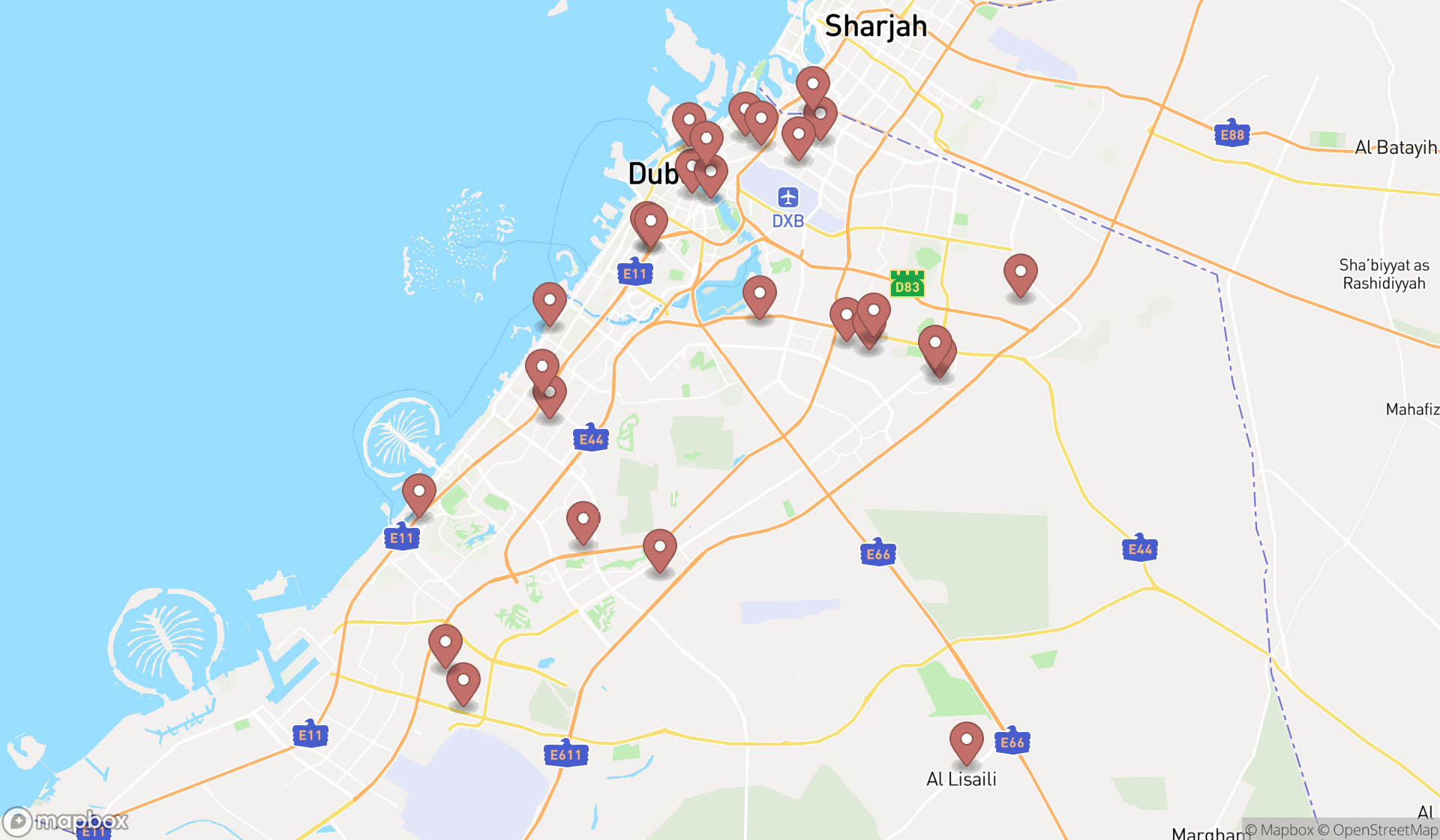 Map showing the search results in Dubai