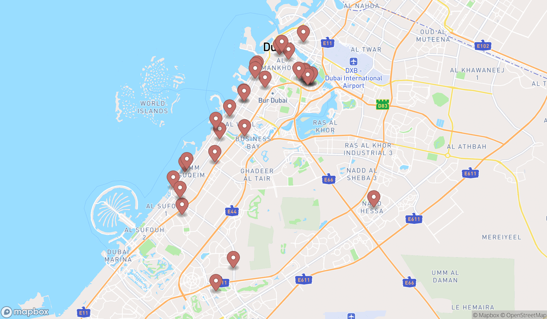 Map showing the search results in Dubai