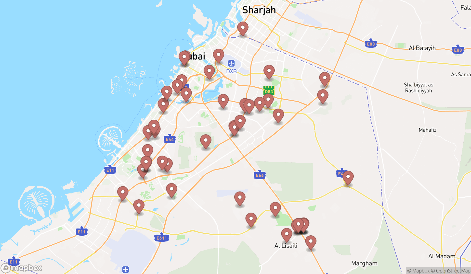 Map showing the search results in Dubai