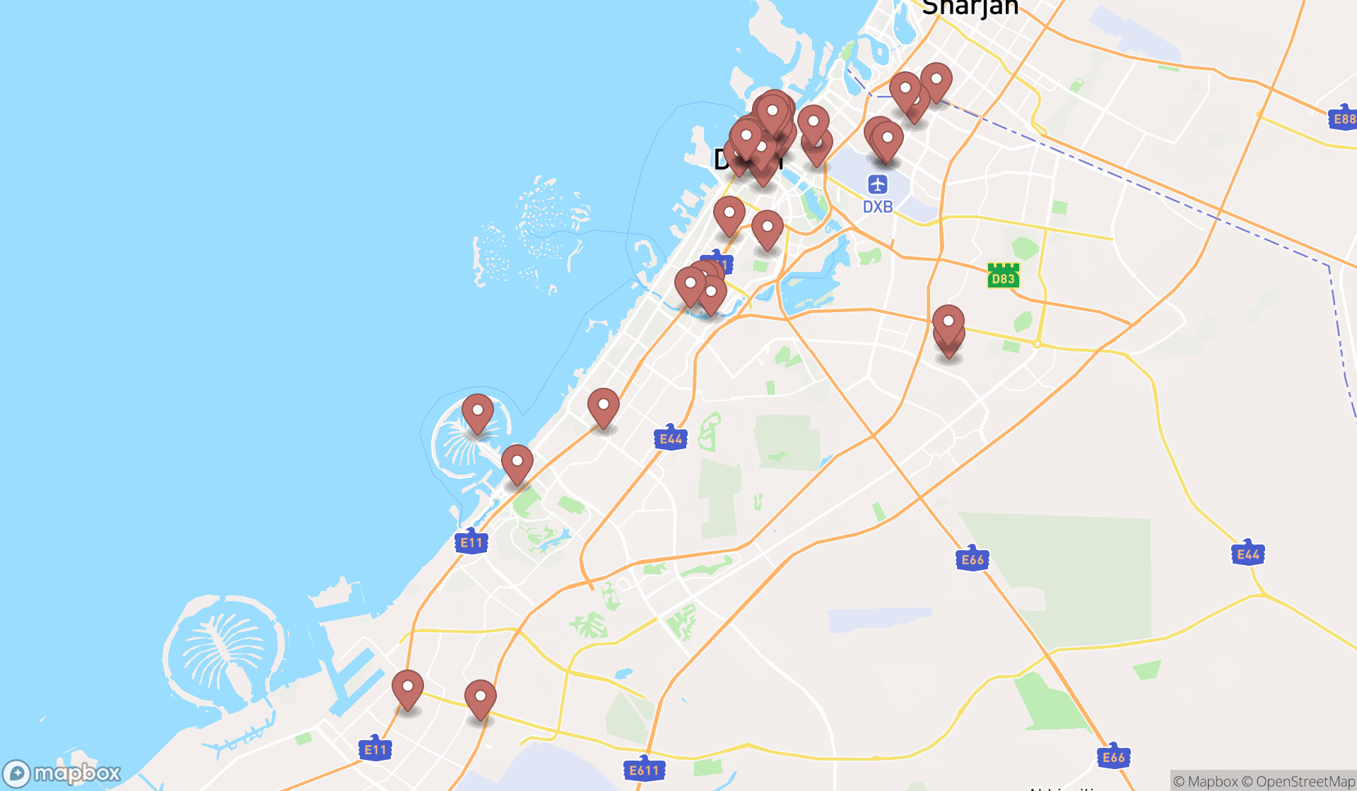 Map showing the search results in Dubai
