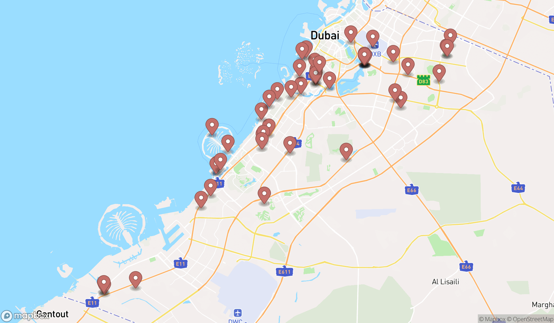 Map showing the search results in Dubai