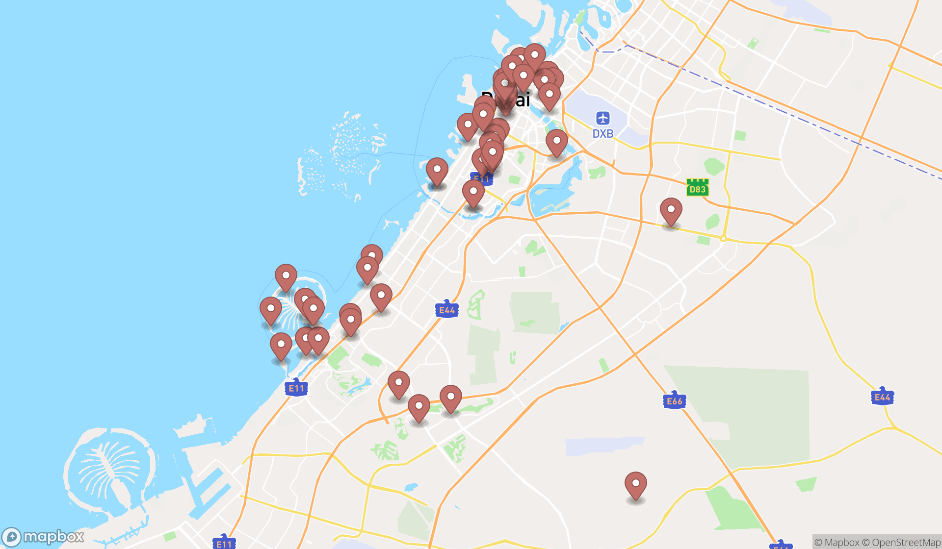 Map showing the search results in Dubai
