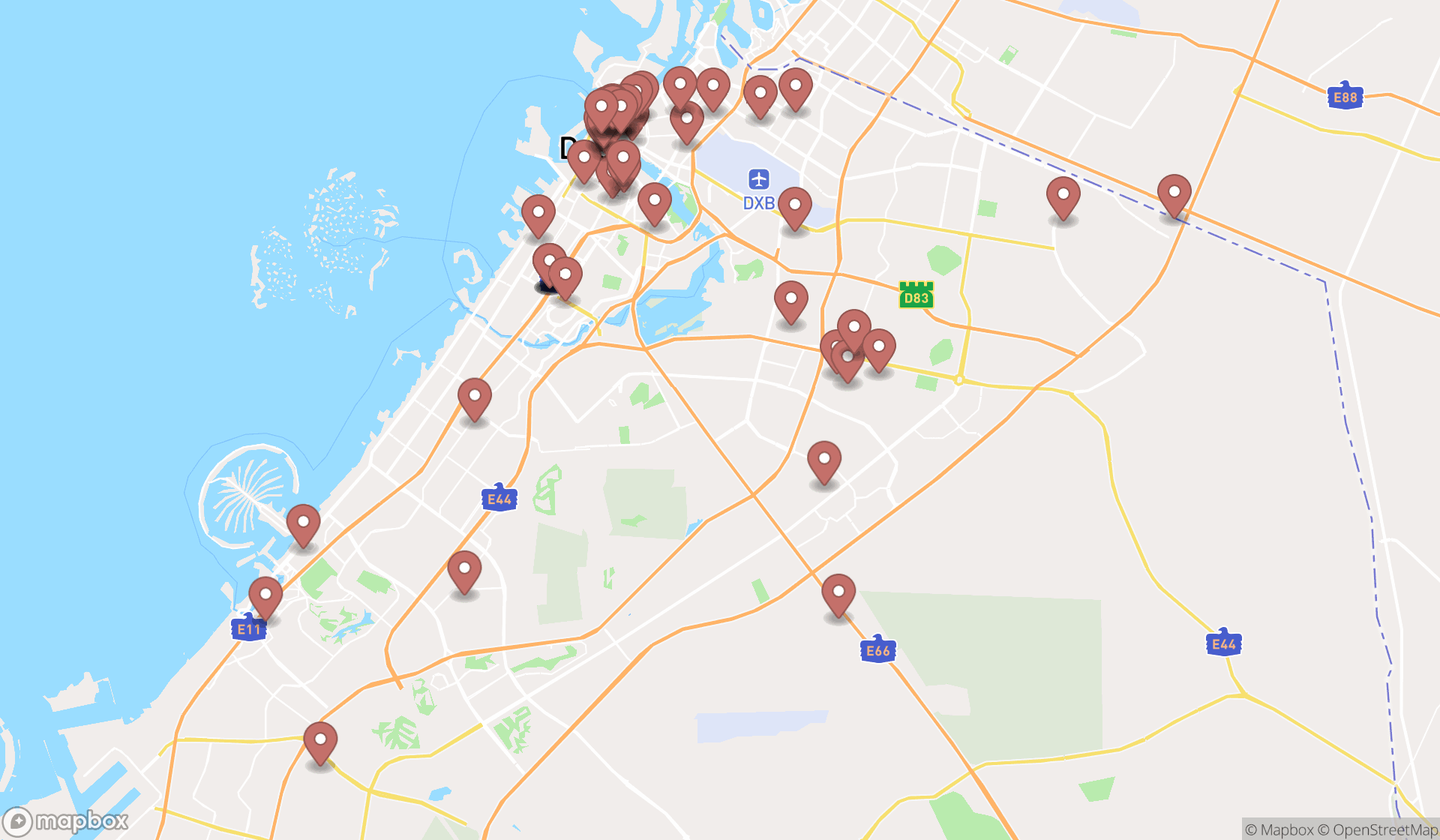 Map showing the search results in Dubai