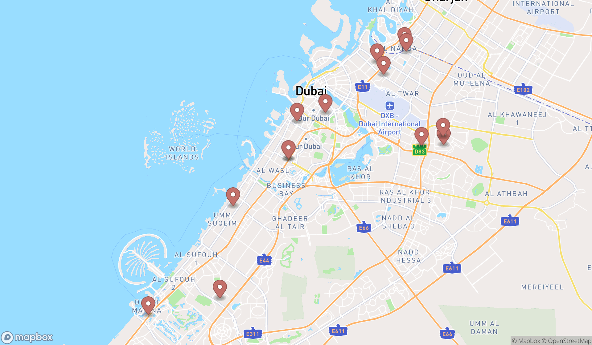 Map showing the search results in Dubai