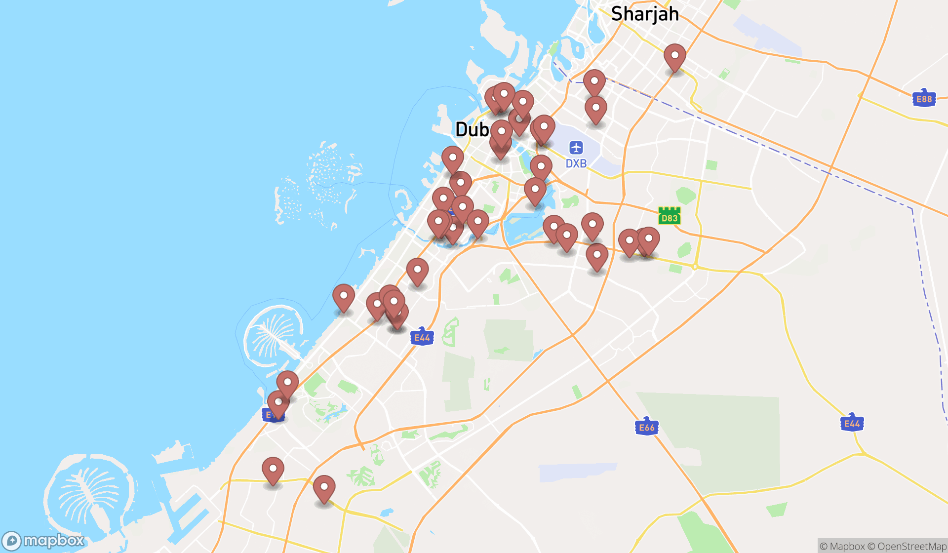 Map showing the search results in Dubai