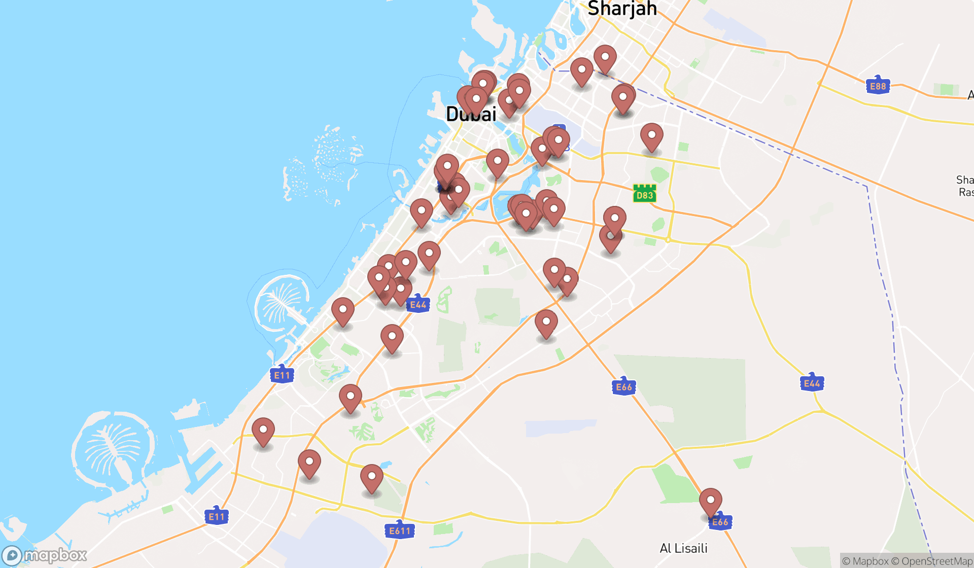 Map showing the search results in Dubai