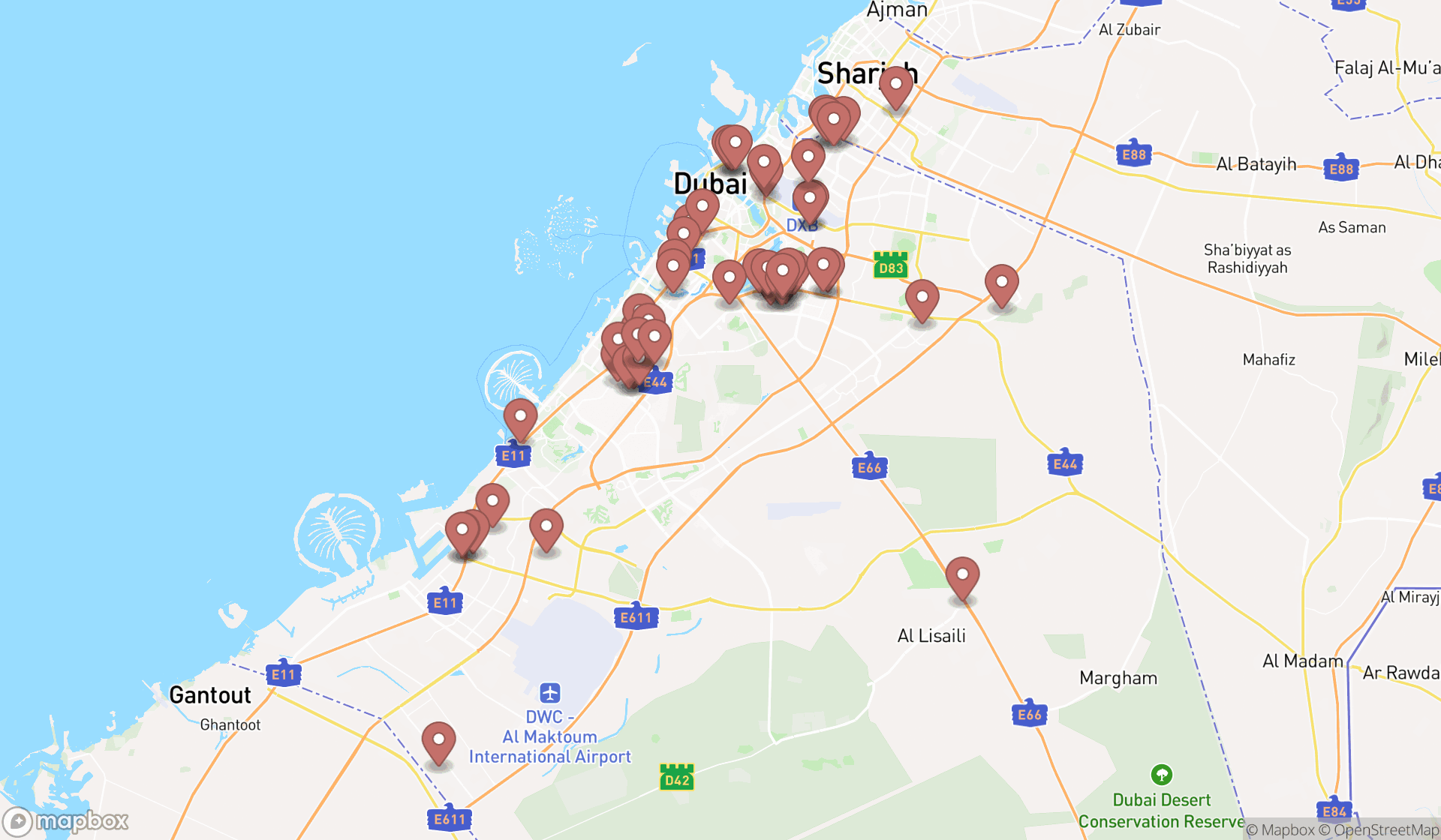 Map showing the search results in Dubai