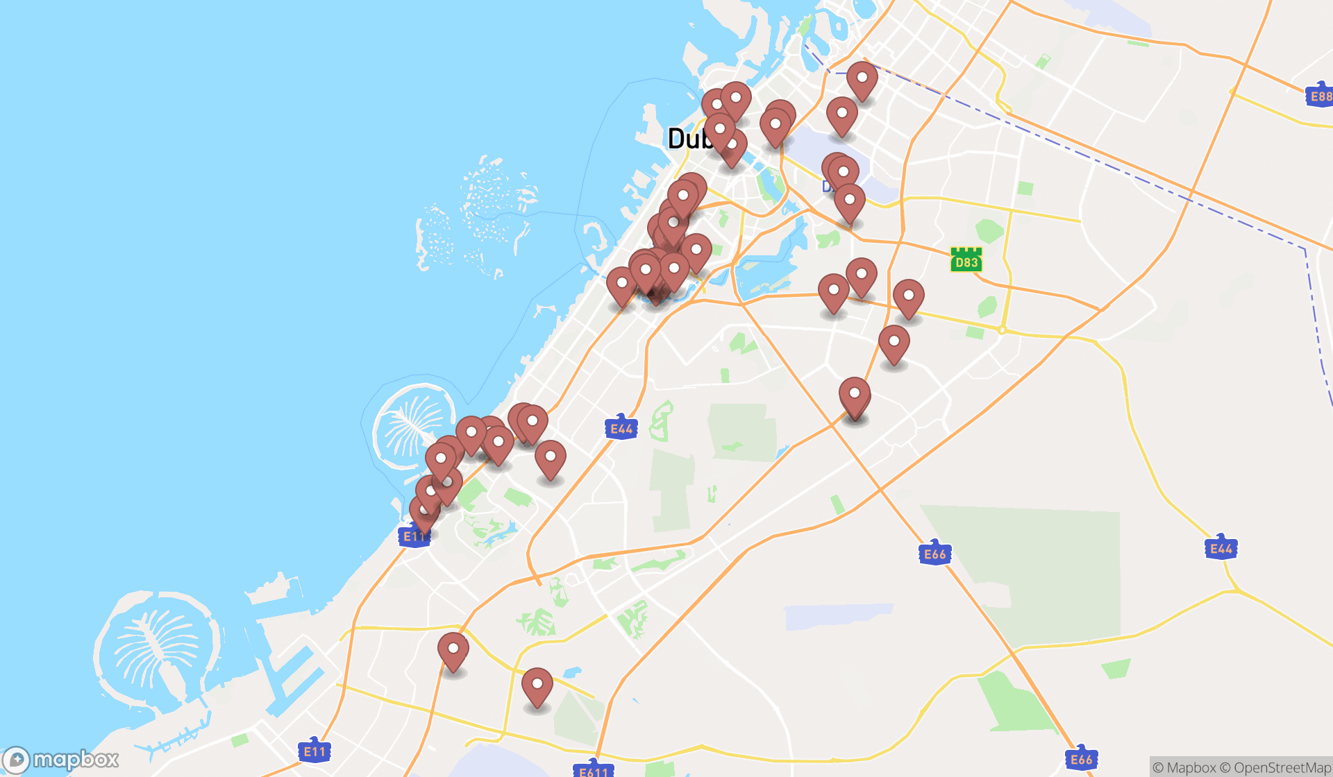 Map showing the search results in Dubai