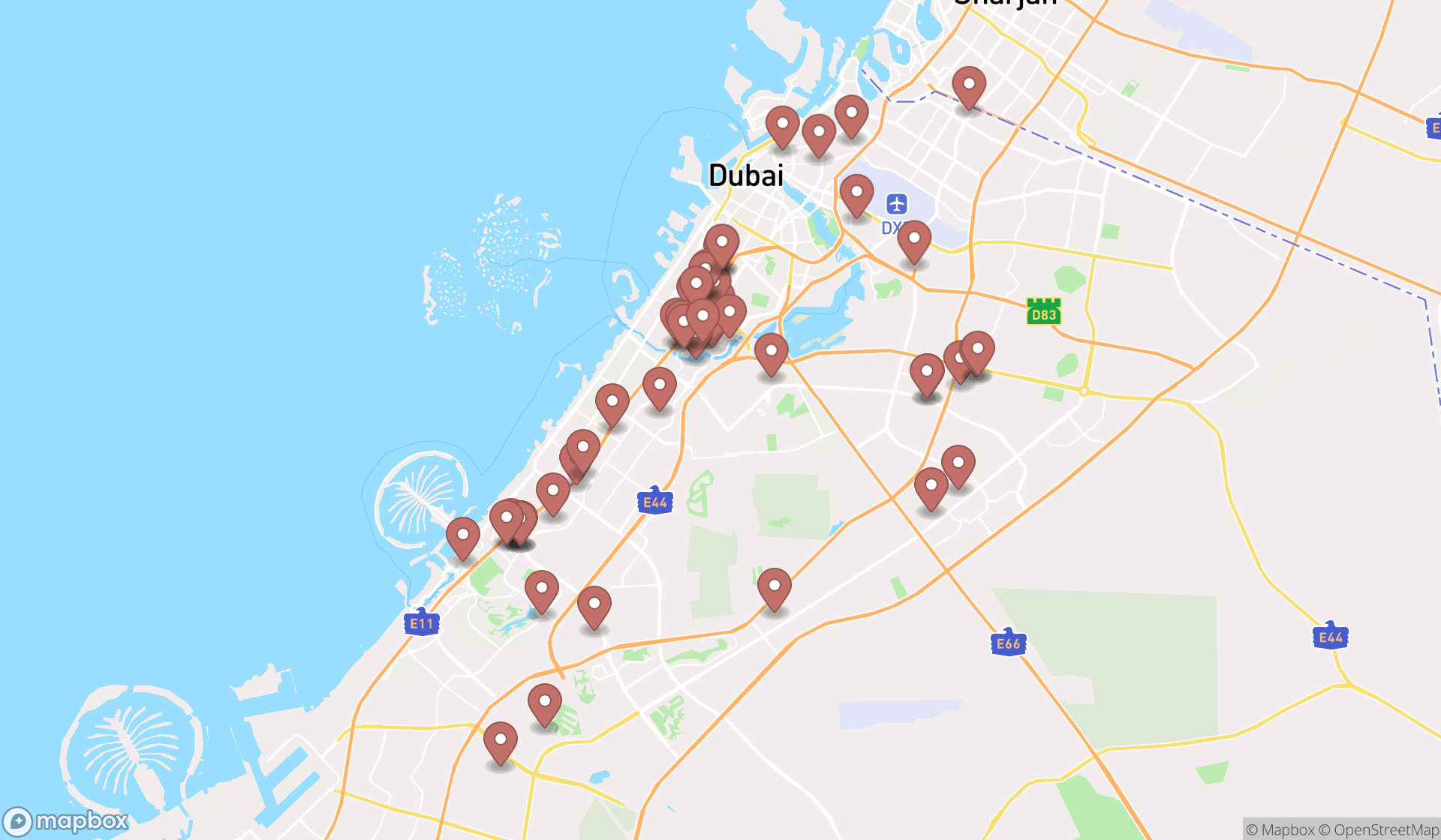 Map showing the search results in Dubai