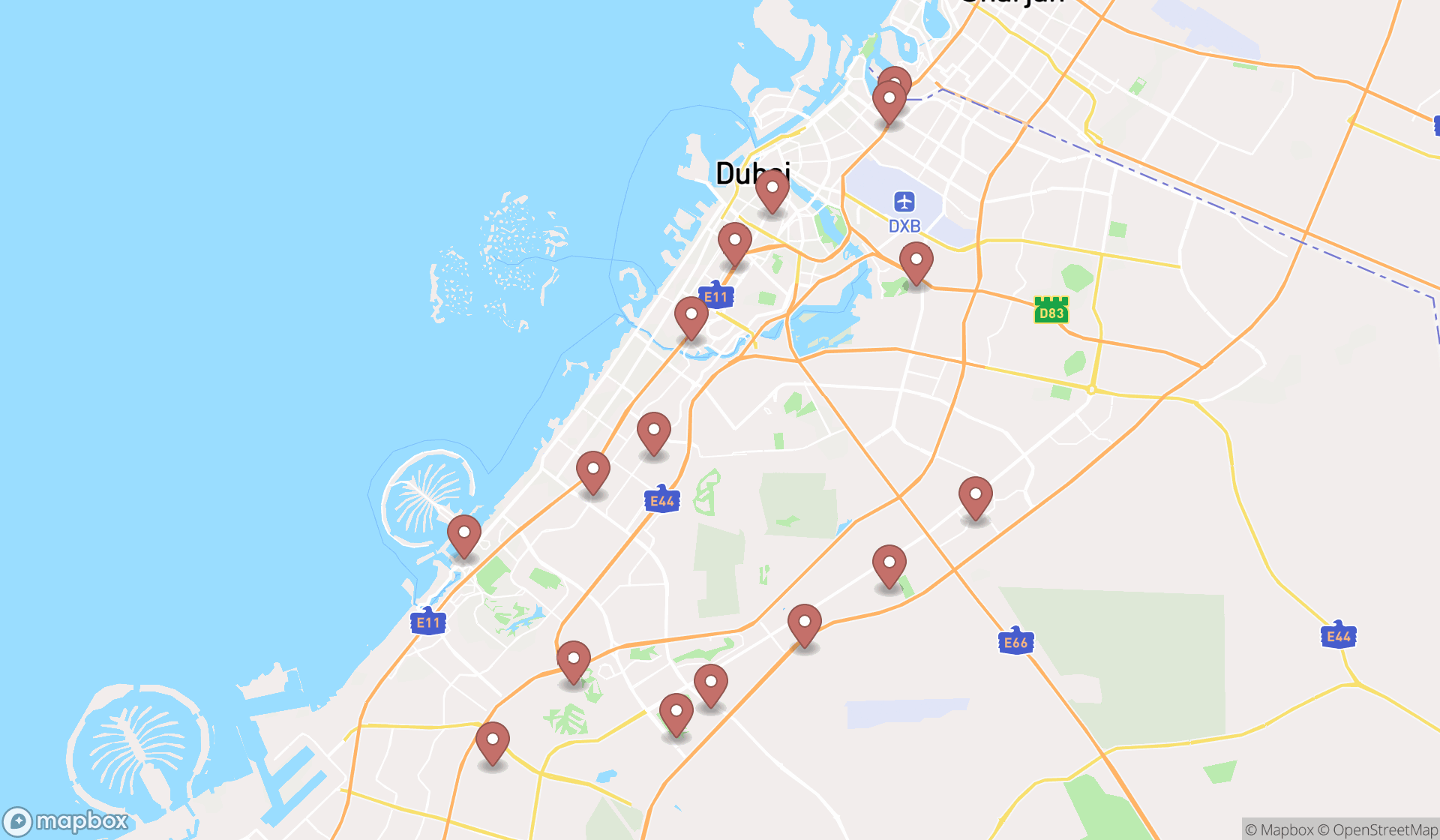 Map showing the search results in Dubai