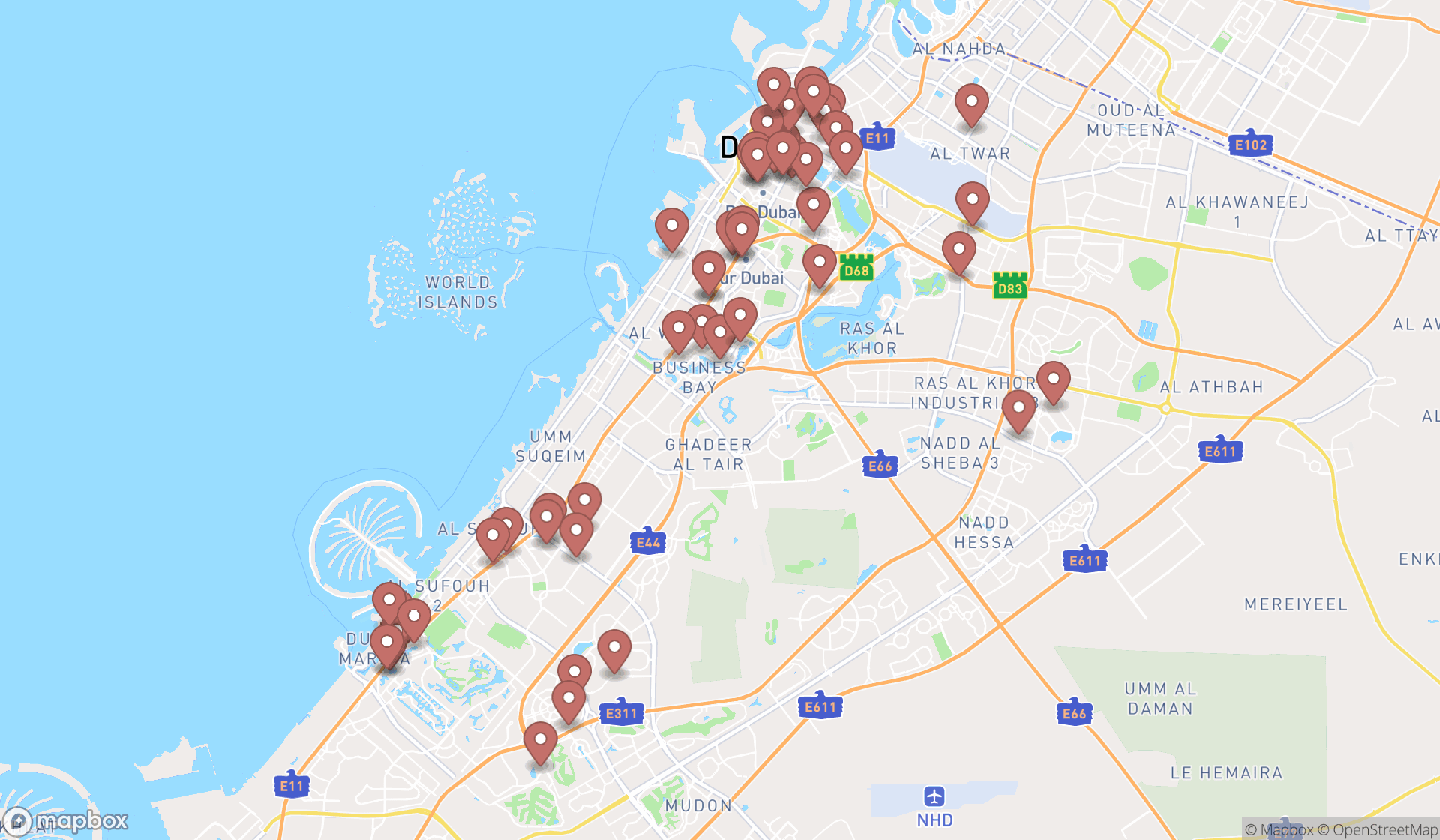 Map showing the search results in Dubai