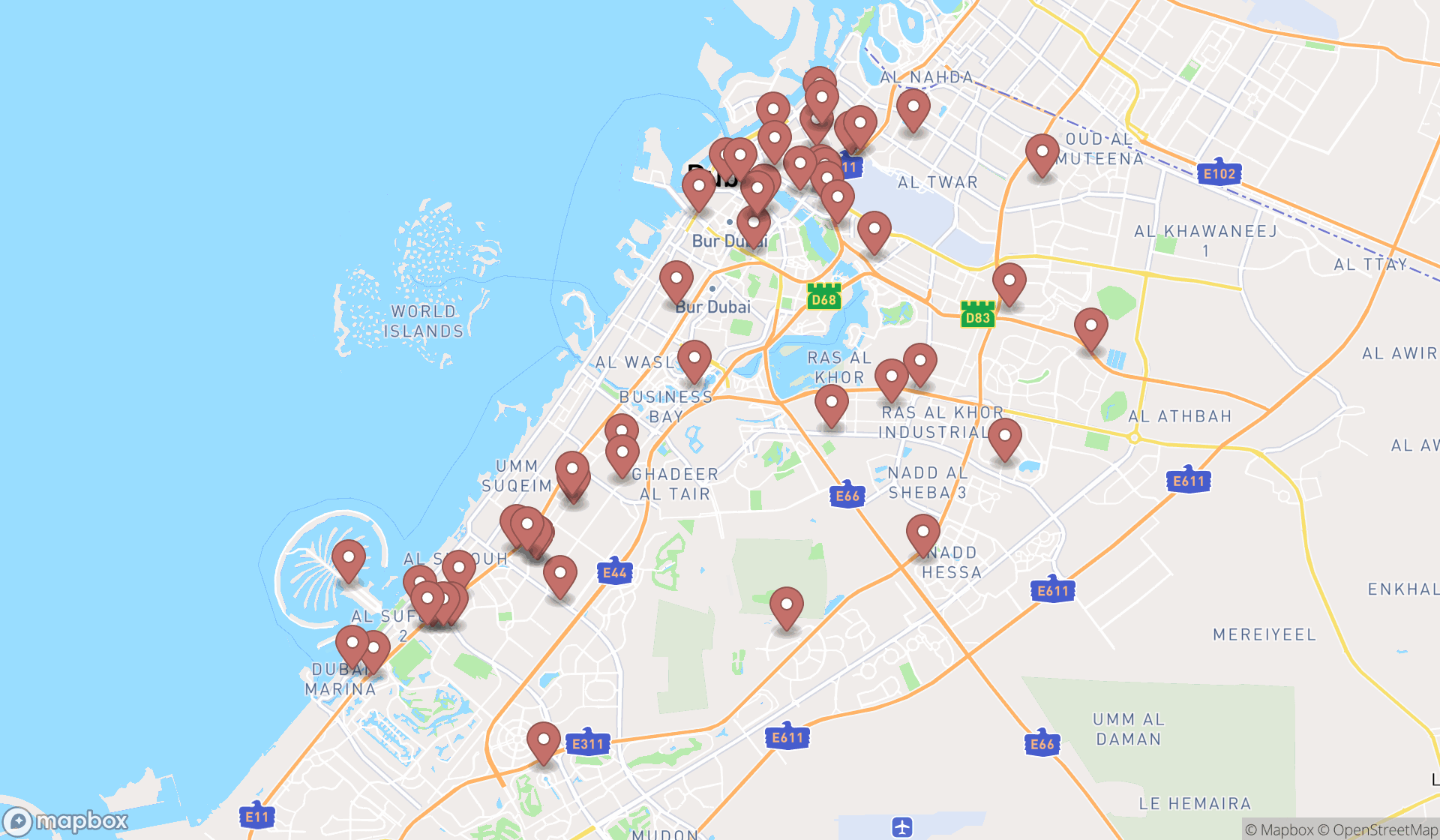 Map showing the search results in Dubai