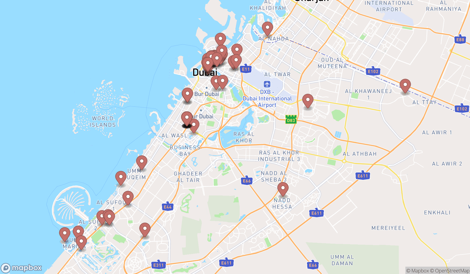 Map showing the search results in Dubai