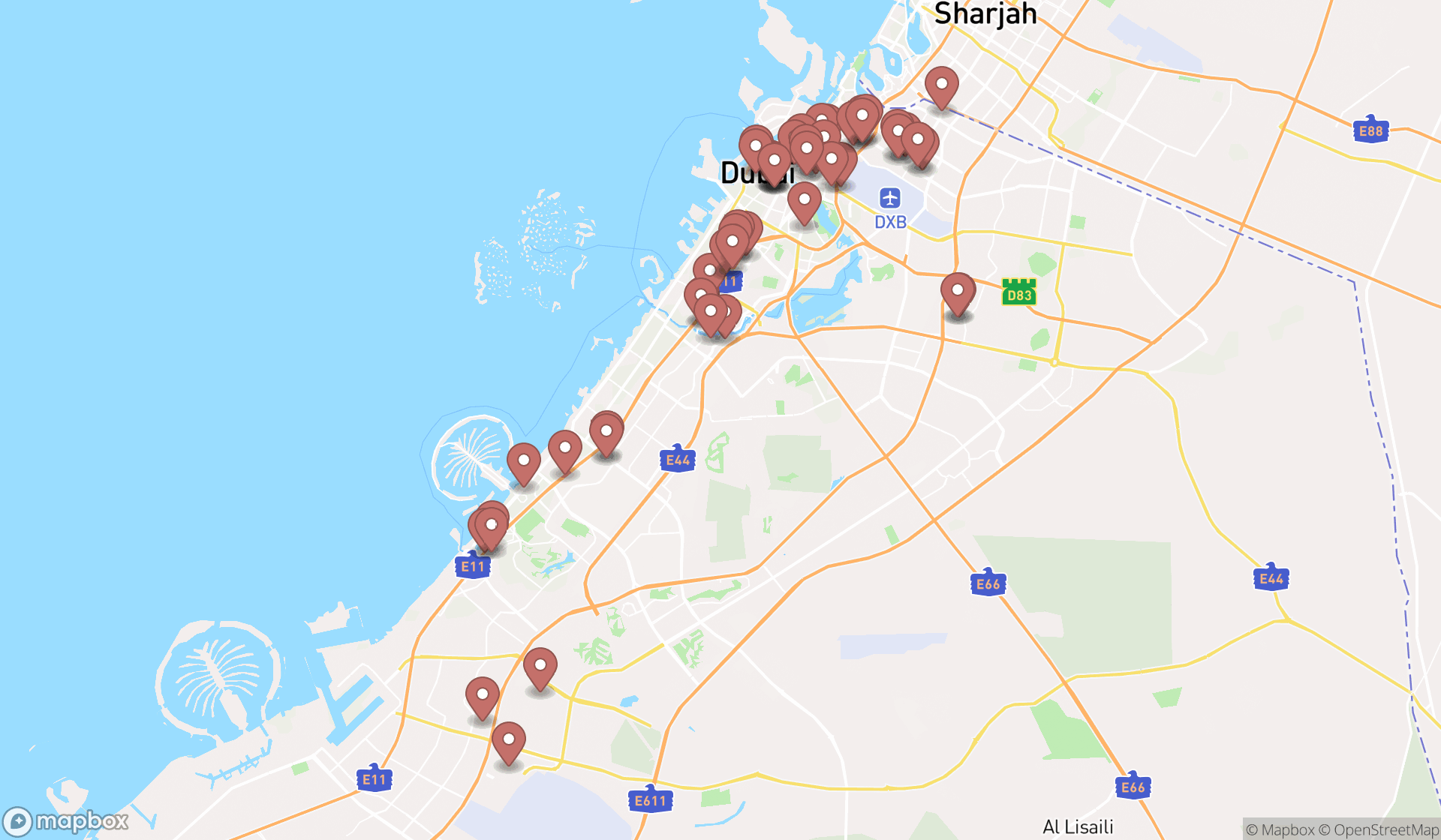 Map showing the search results in Dubai