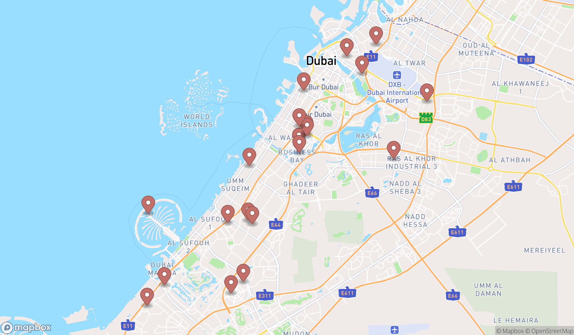 Map showing the search results in Dubai