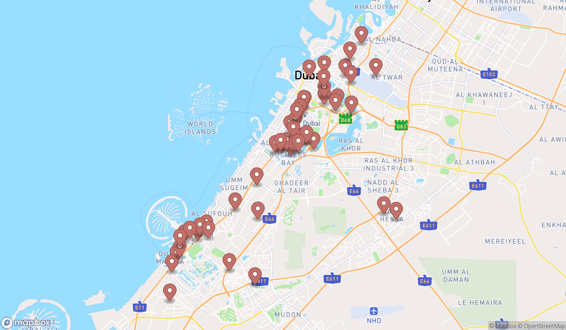 Map showing the search results in Dubai