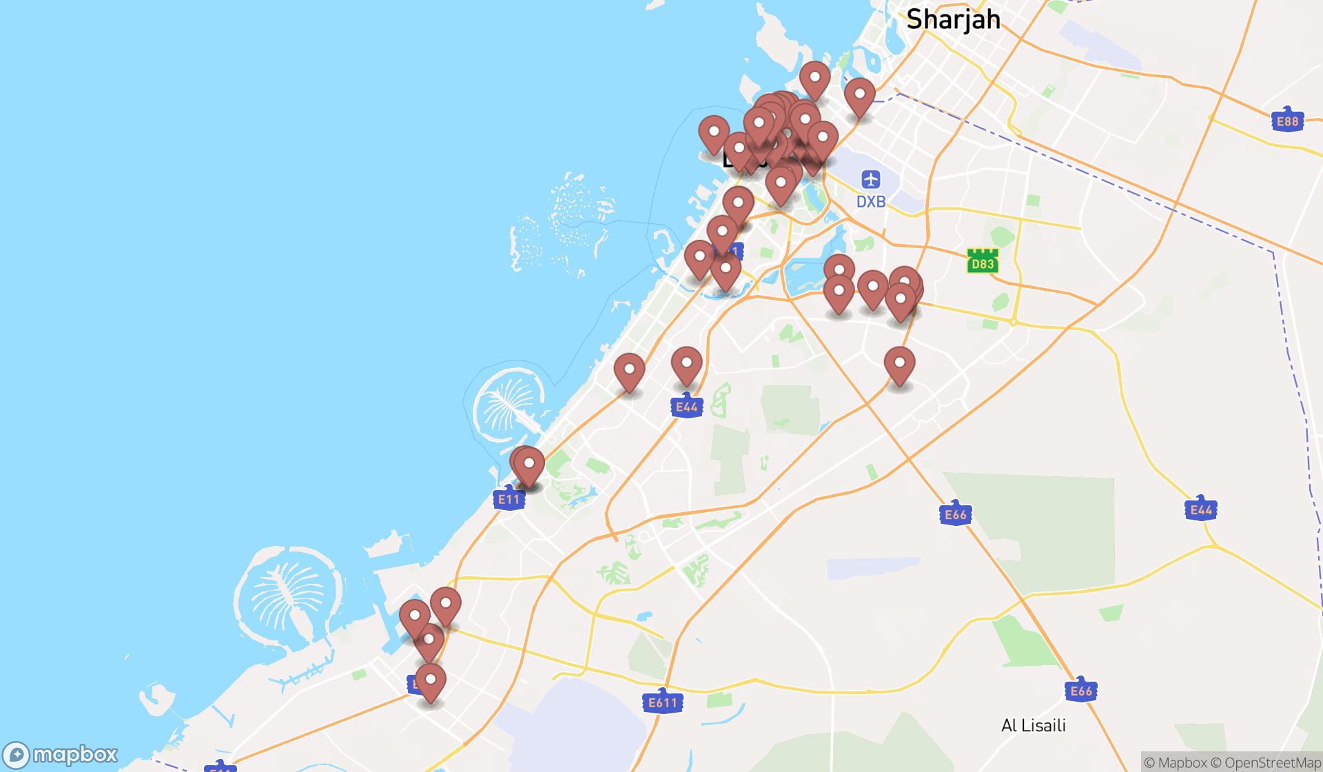 Map showing the search results in Dubai