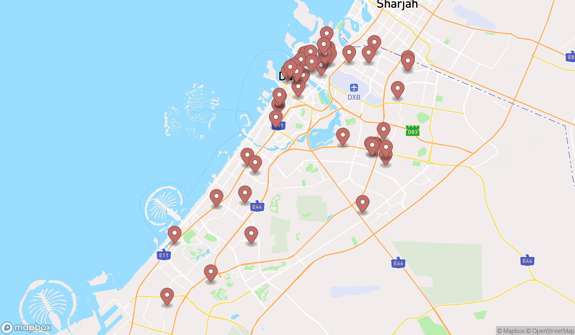 Map showing the search results in Dubai