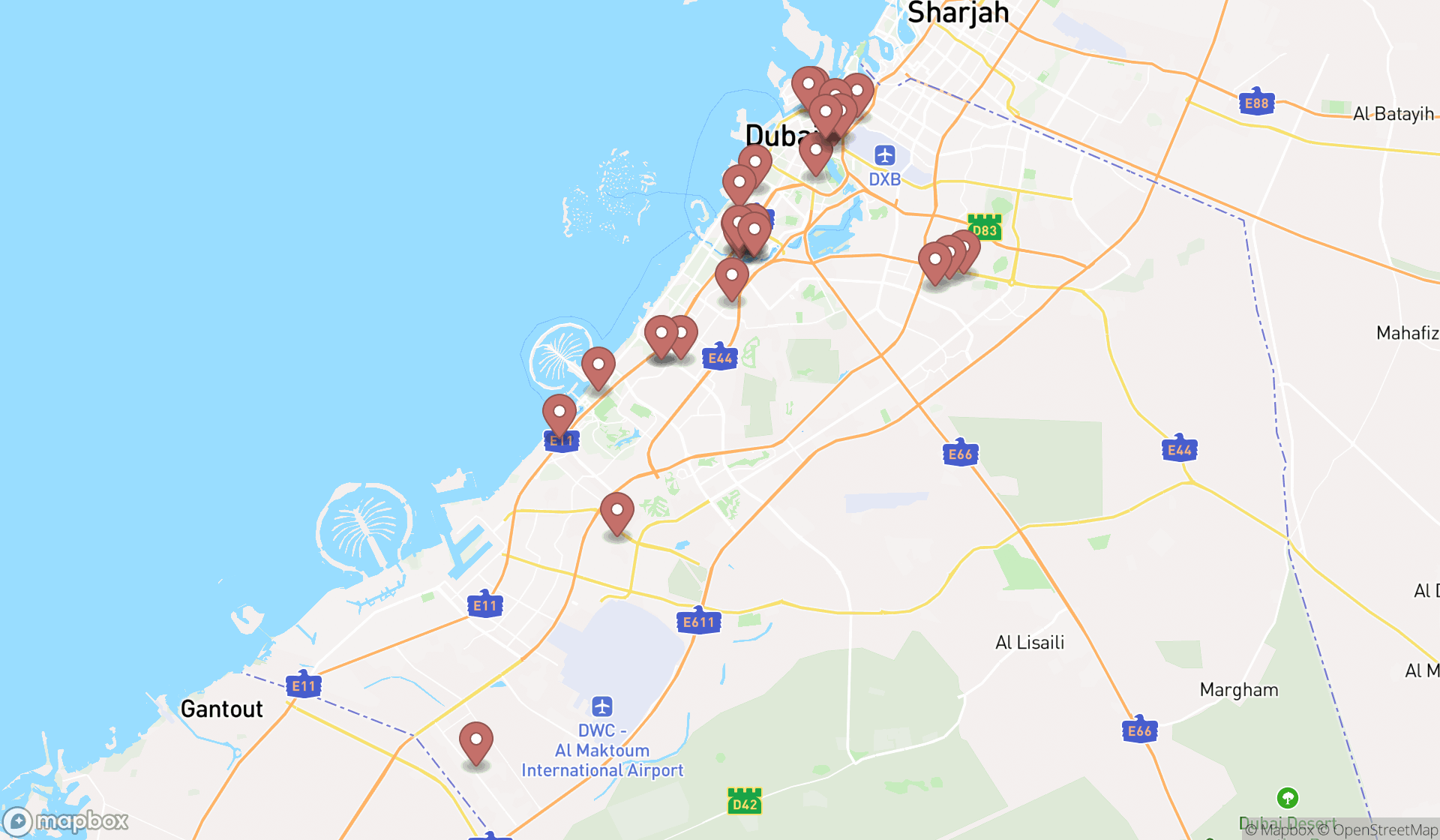 Map showing the search results in Dubai
