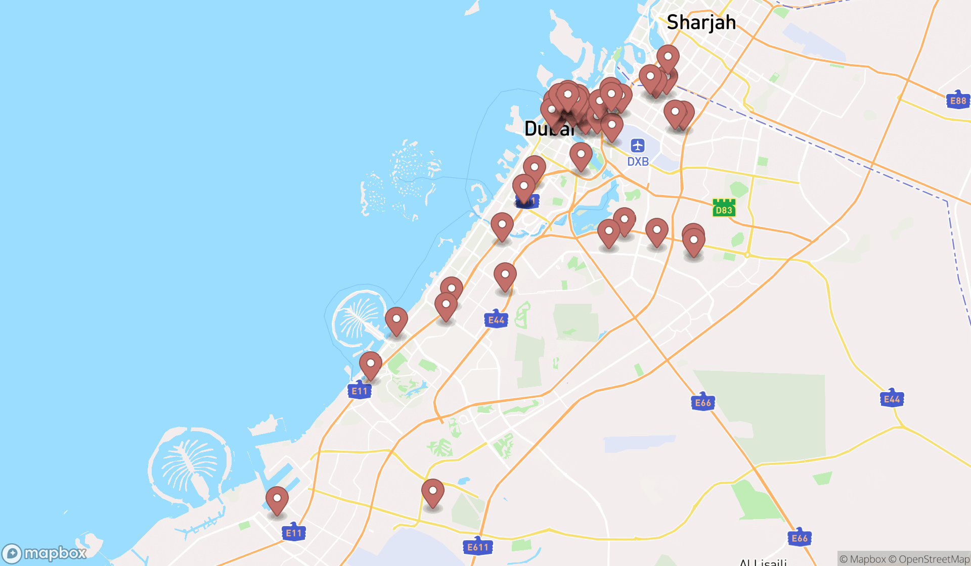 Map showing the search results in Dubai