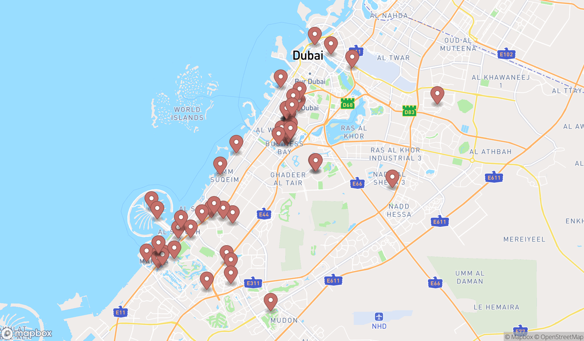 Map showing the search results in Dubai