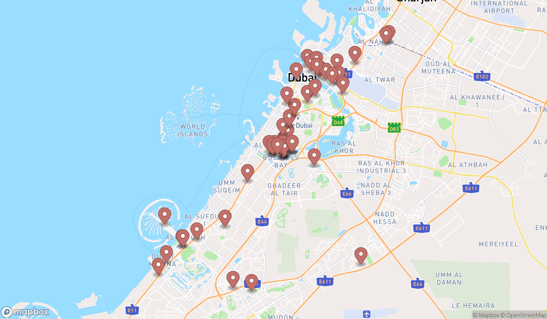 Map showing the search results in Dubai