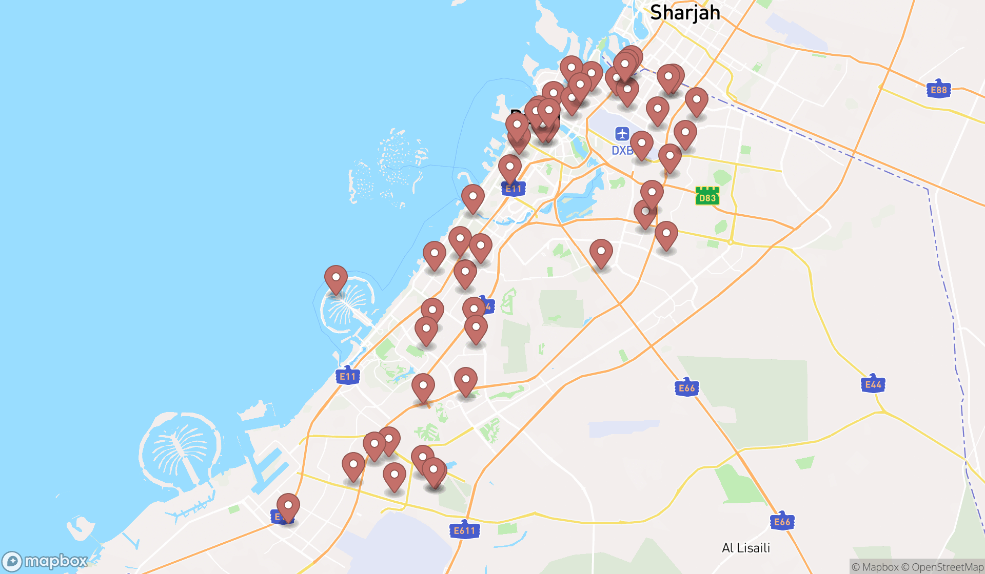 Map showing the search results in Dubai