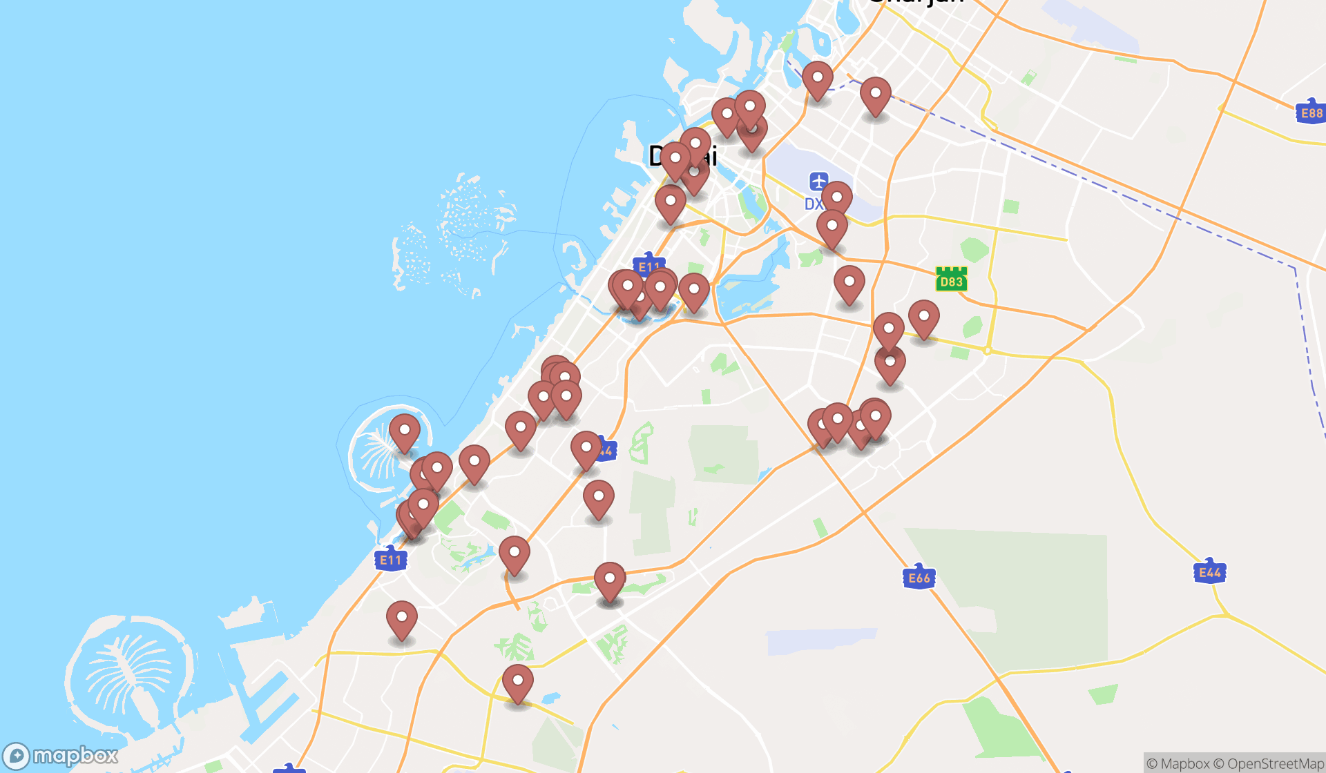 Map showing the search results in Dubai