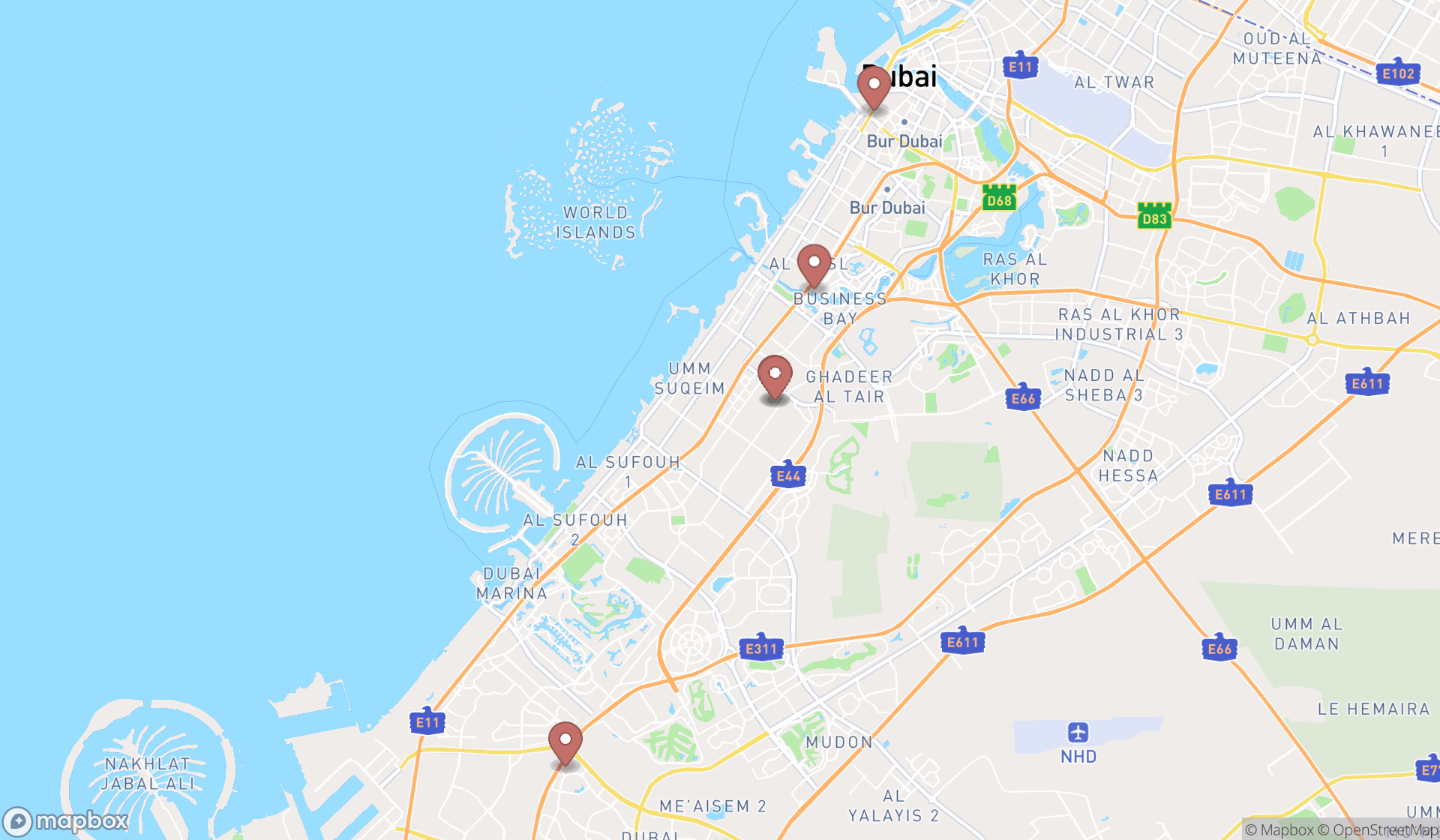Map showing the search results in Dubai