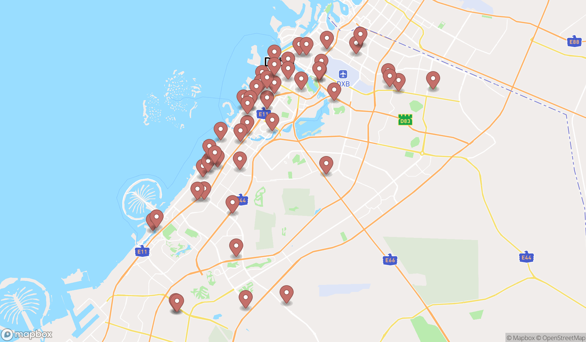 Map showing the search results in Dubai