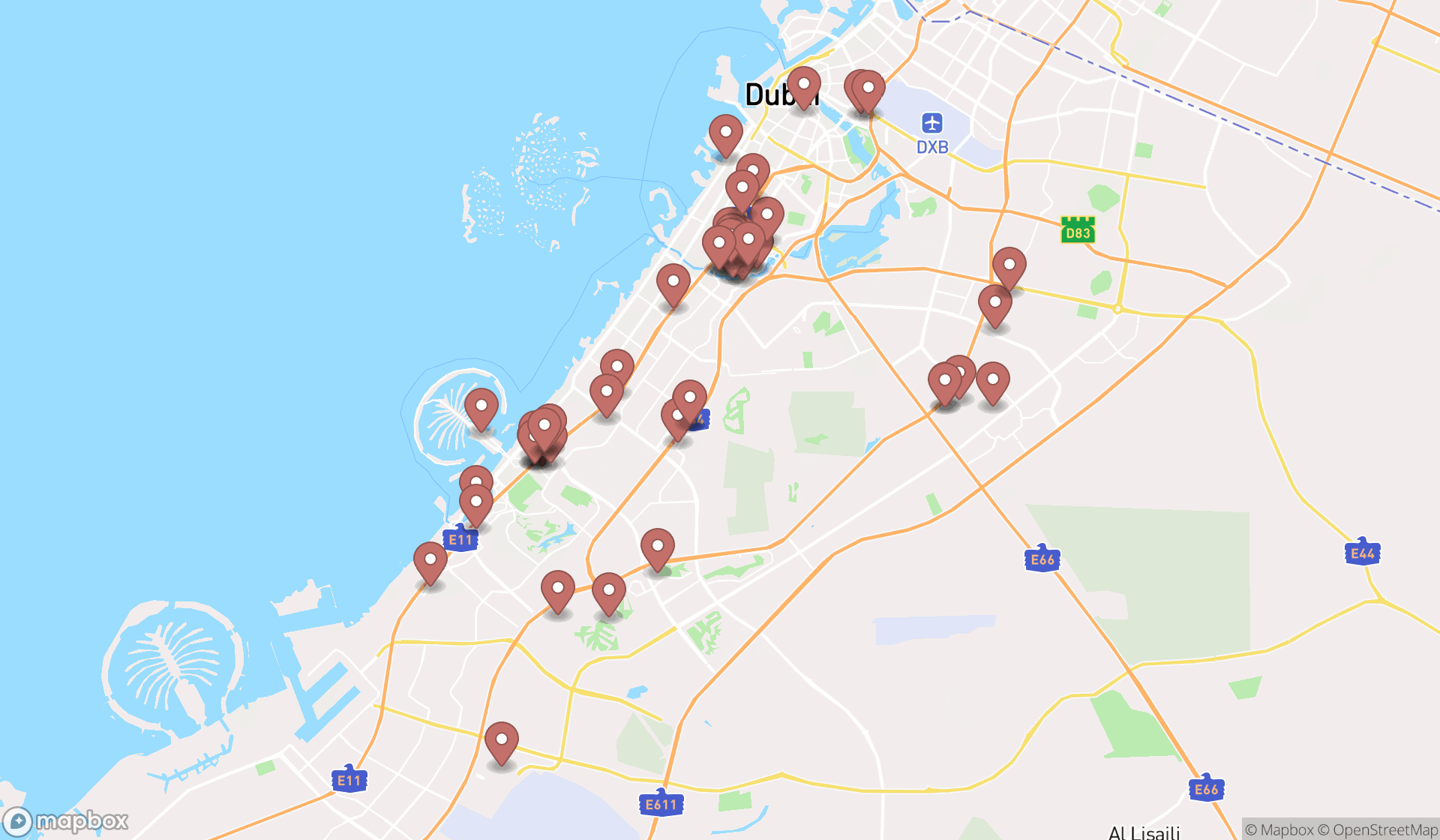Map showing the search results in Dubai