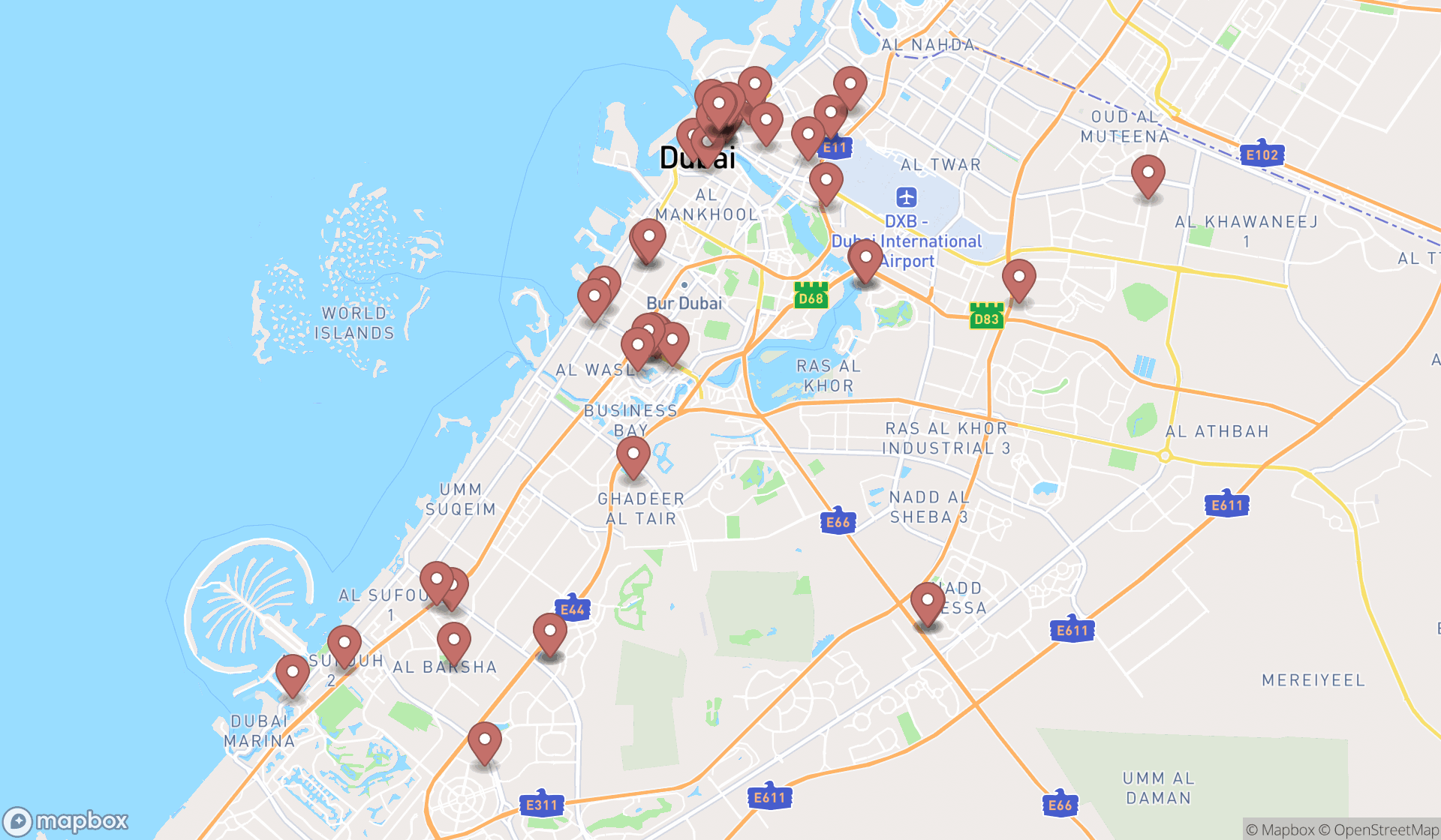Map showing the search results in Dubai