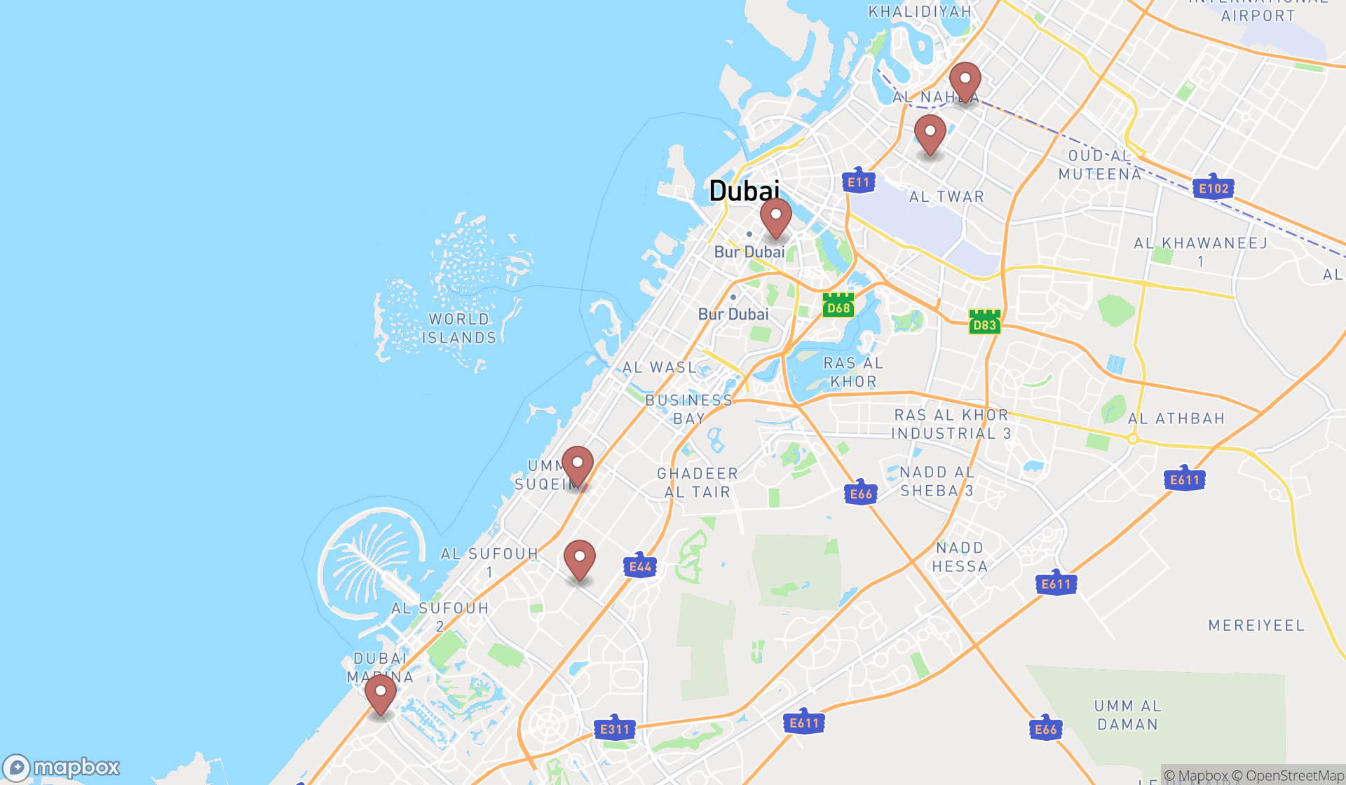 Map showing the search results in Dubai